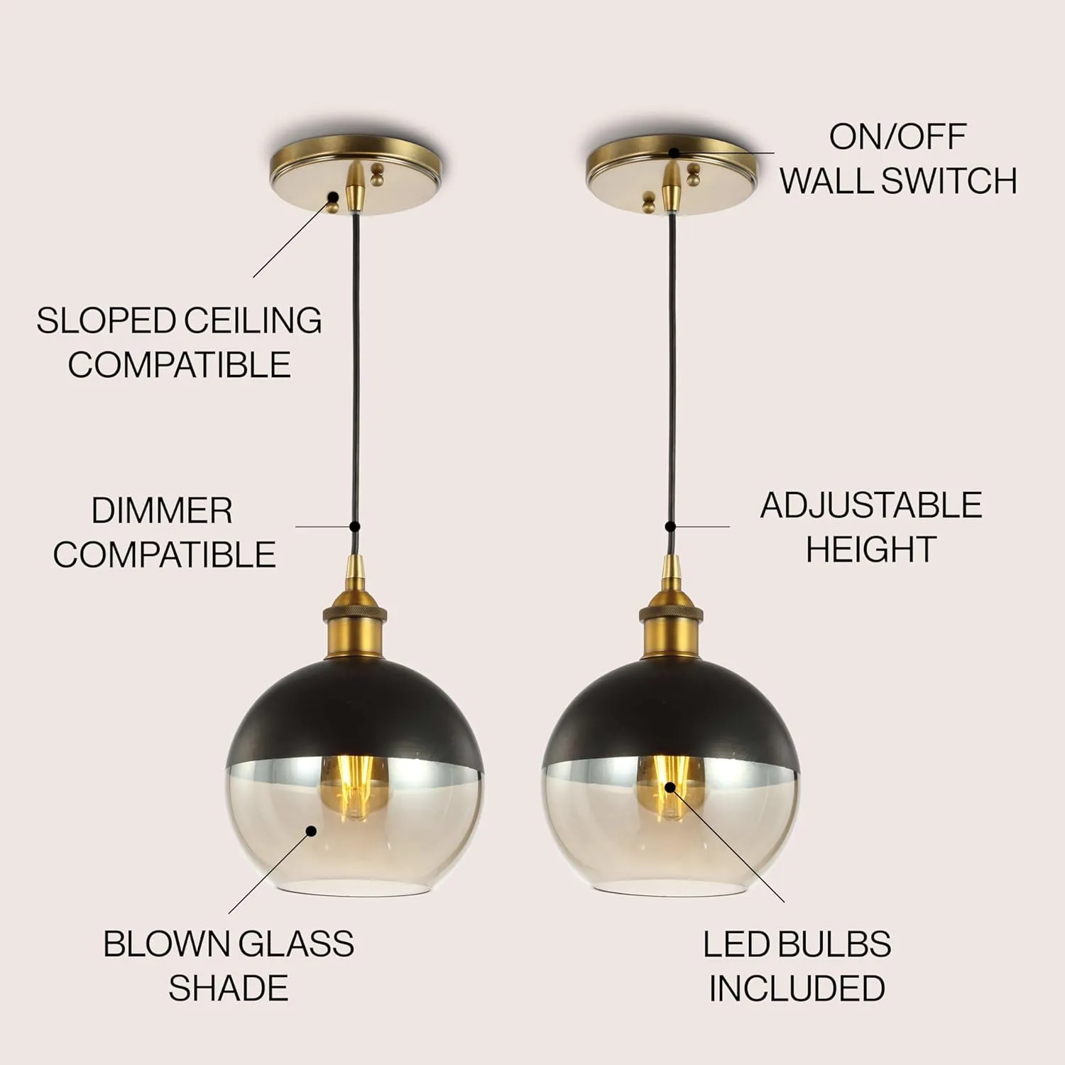 JONATHAN Y JYL3513A-SET2 Nixon 7.5" 1-Light Mid-Century Modern Metal/Glass Adjustable Drop Globe LED Pendants, for Bedroom, Living Room, Kitchen, Office, Brass Gold/Black (Set of 2)