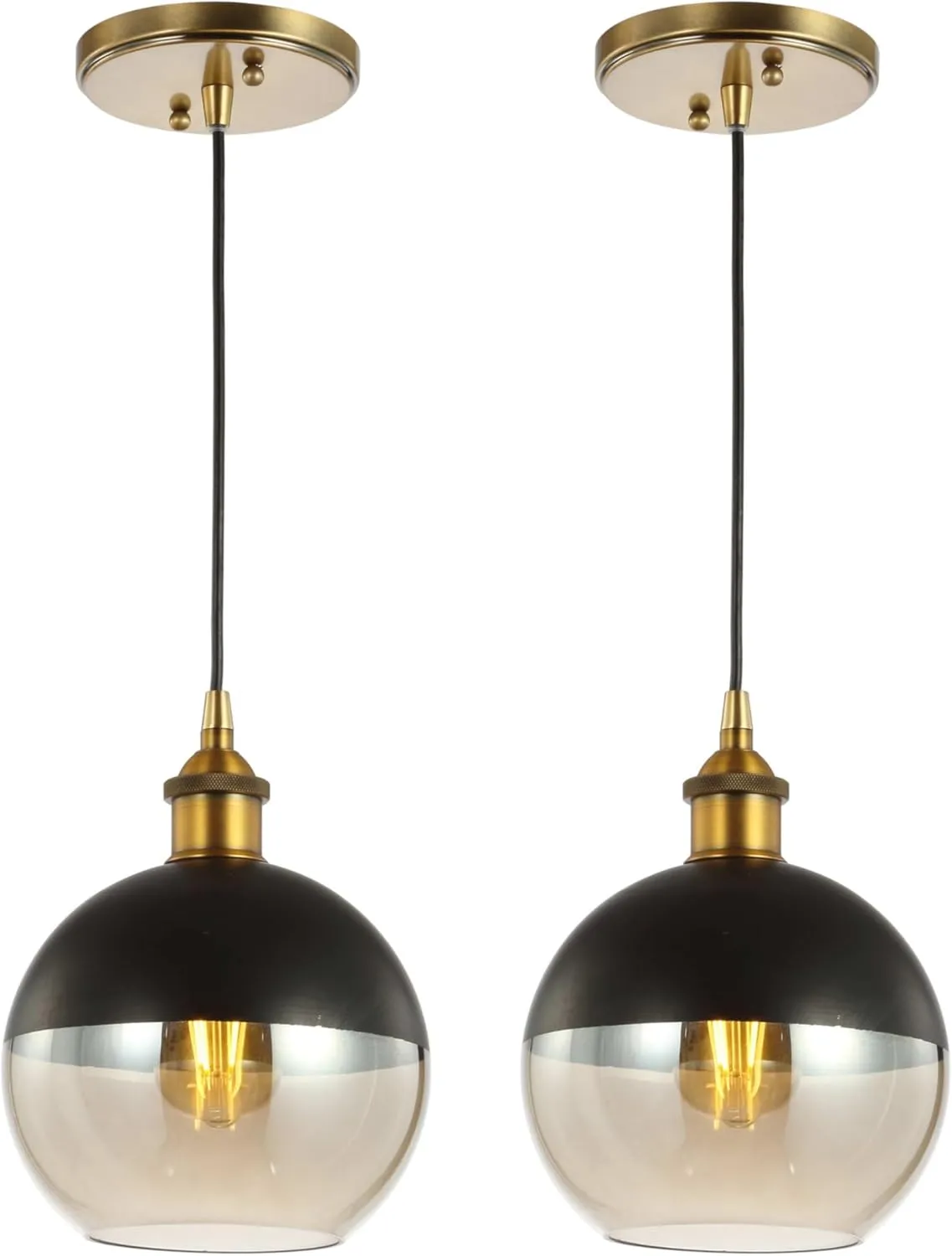 JONATHAN Y JYL3513A-SET2 Nixon 7.5" 1-Light Mid-Century Modern Metal/Glass Adjustable Drop Globe LED Pendants, for Bedroom, Living Room, Kitchen, Office, Brass Gold/Black (Set of 2)