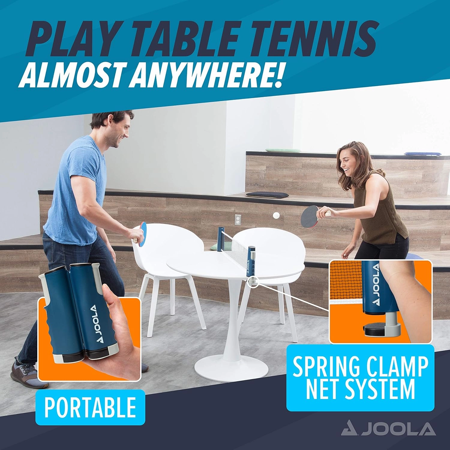 JOOLA Retractable Ping Pong Net for Any Table - Portable Table Tennis Net and Post Set Stretches 5.75' & Clamps Up to 2" Thick - Optional Racket and Ball Set, Games for Family