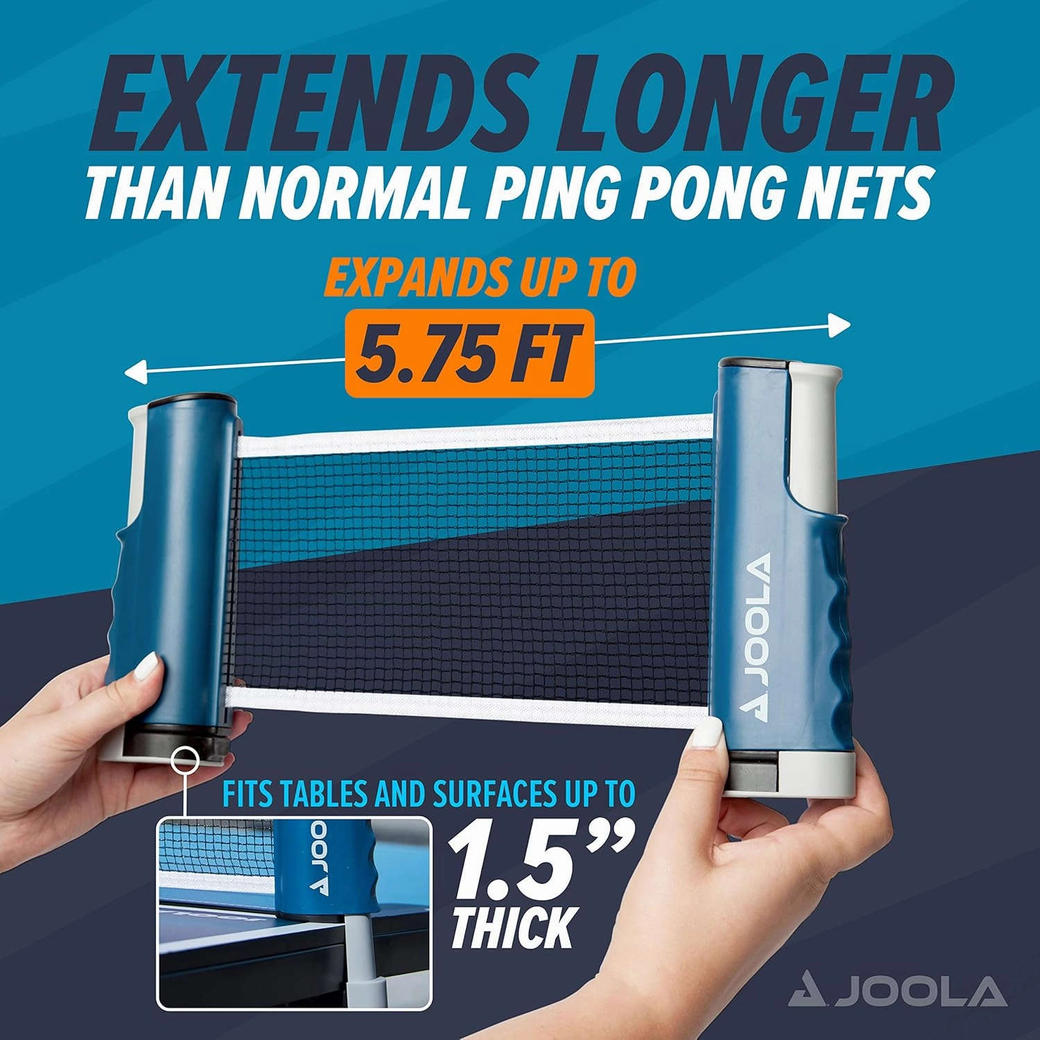 JOOLA Retractable Ping Pong Net for Any Table - Portable Table Tennis Net and Post Set Stretches 5.75' & Clamps Up to 2" Thick - Optional Racket and Ball Set, Games for Family