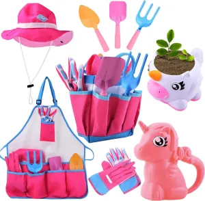 JOYIN Unicorn Kids Gardening Tool Set Toy Includes Watering Can and Planter, Sun Hat, Gloves, Apron and Kids Gardening Kit Like Shovel, Rake and Trowel, Outdoor Play Gardening Gifts (Unicorn)