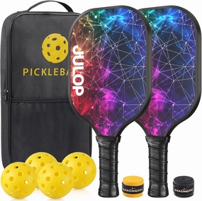 JULOP Pickleball Paddles Set, Fiberglass Surface Pickleball Paddles Set of 2 with 4 Balls and Carry Bag, Pickleball Rackets for Beginners&Pros, Men Women, Starry Black, US-A1006