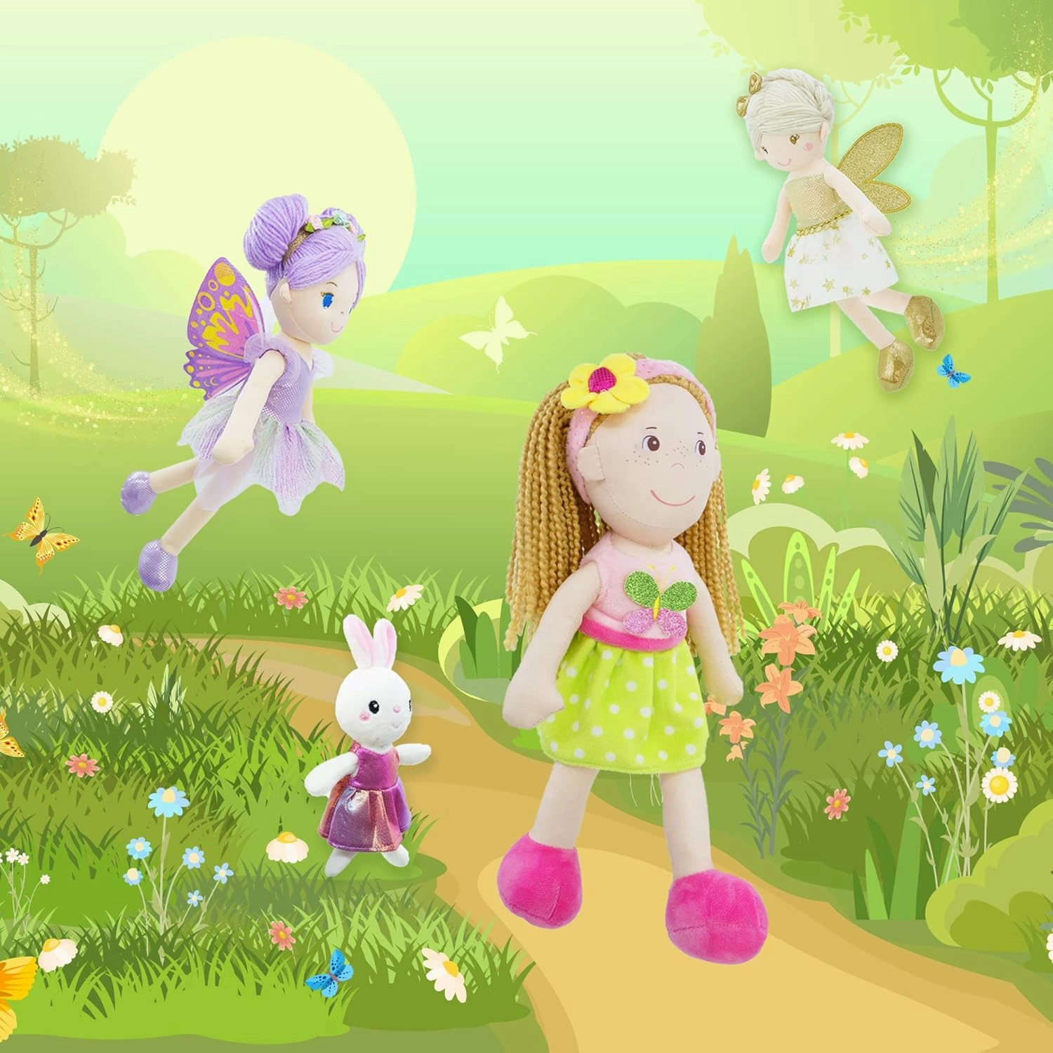 June Garden 14" Playmate Buddies - Plush Doll Aubrey with Her Stuffed Animal Companion Bunny Trixy