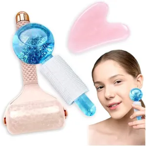 Kalevel Beauty Ice Roller Face Massager Skin Care Tools and Gua Sha Facial Tool with Blue Ice Globe Set for Women Neck Body Lifting Migraine