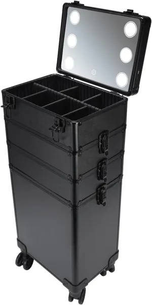 Karl home 4 in 1 Makeup Train Case with 3 Color LED Light Mirror, Rolling Cosmetic Trolley Travel Organizer with Key 360° Swivel Wheels for Beauticians Hairstylists Nail Tech Students, Black