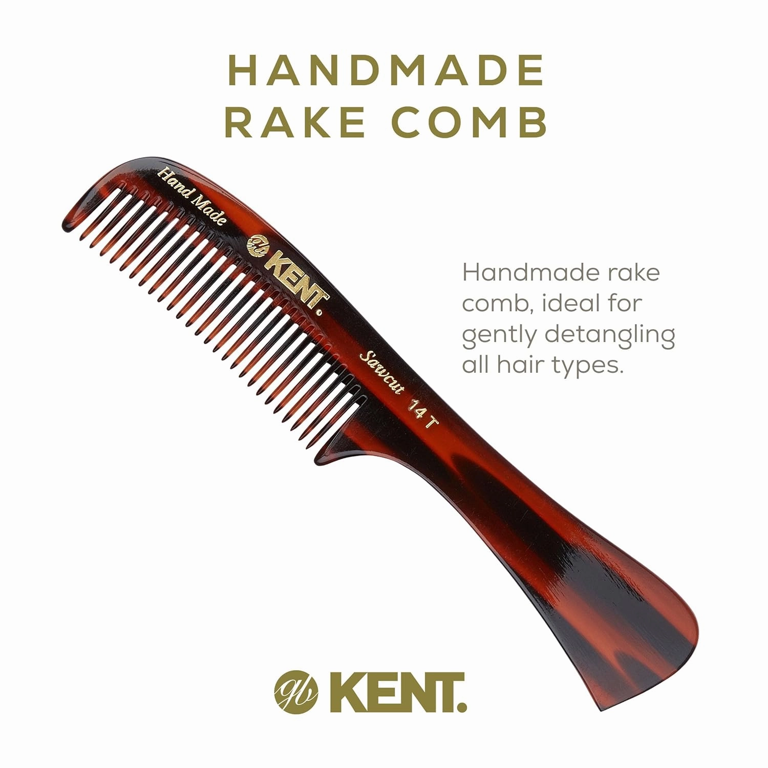 Kent 14T Hair Detangling Comb, Wide Tooth Comb for Long Hair, Wet and Dry Handmade Detangler for Women, Saw-Cut and Hand Polished Made in England
