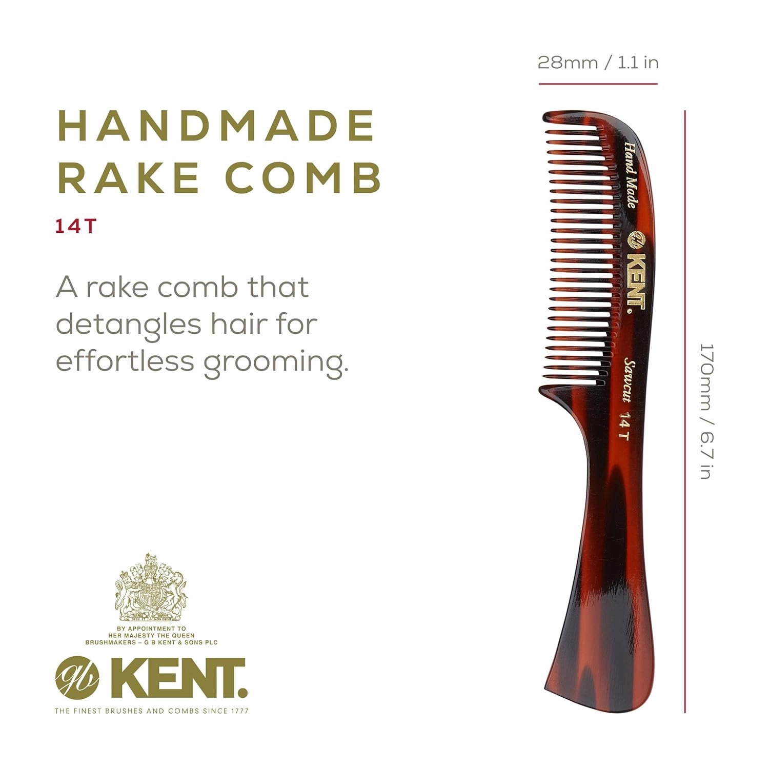 Kent 14T Hair Detangling Comb, Wide Tooth Comb for Long Hair, Wet and Dry Handmade Detangler for Women, Saw-Cut and Hand Polished Made in England