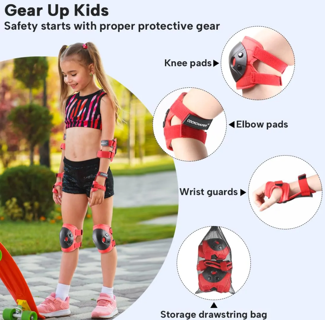 Kids and Youth Knee Elbow Wrist Guards Protective Gear Set for Skateboarding, Roller Skating, Inline Skating, Scooter Riding, BMX Biking (Red, Small)