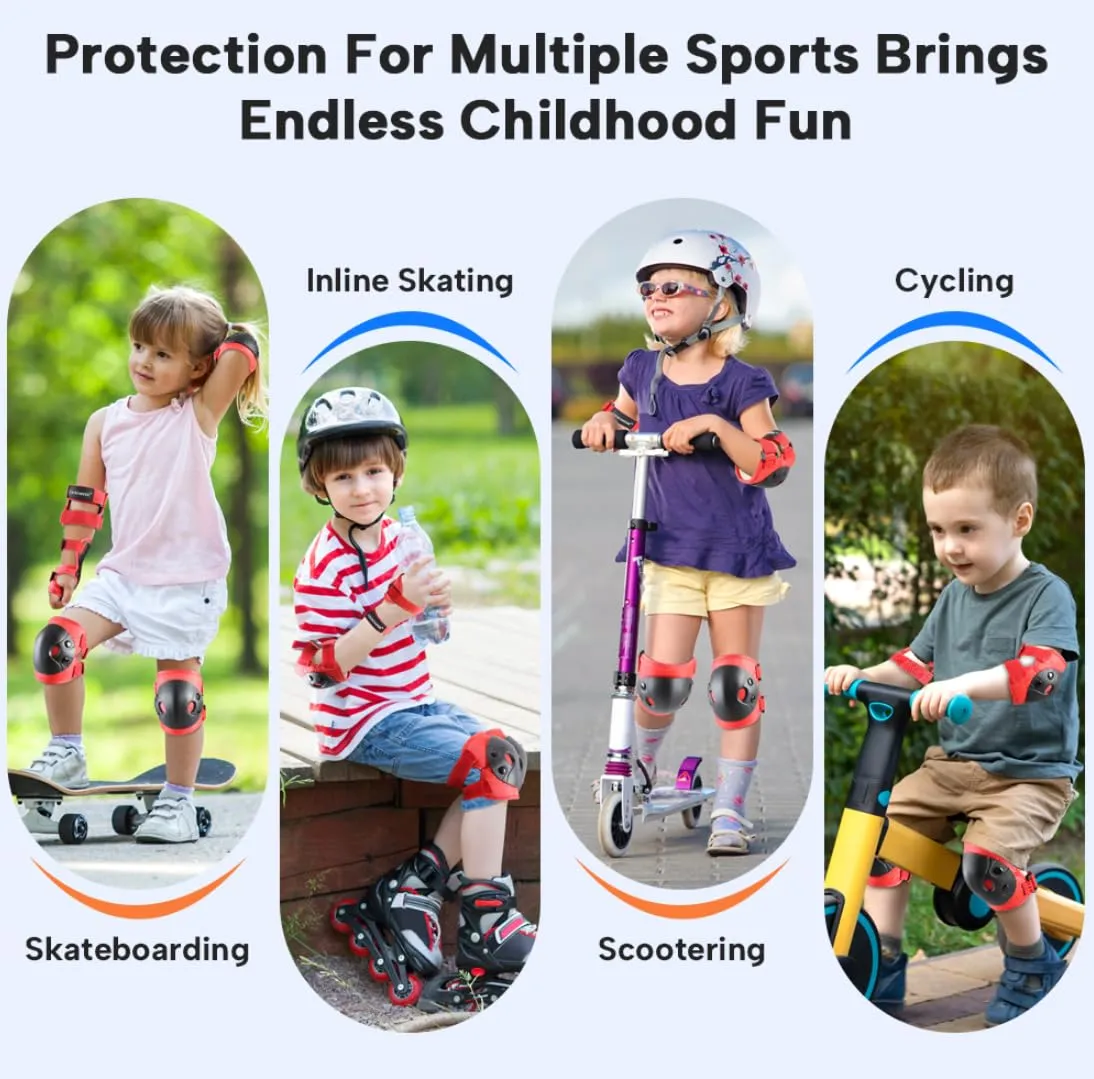 Kids and Youth Knee Elbow Wrist Guards Protective Gear Set for Skateboarding, Roller Skating, Inline Skating, Scooter Riding, BMX Biking (Red, Small)