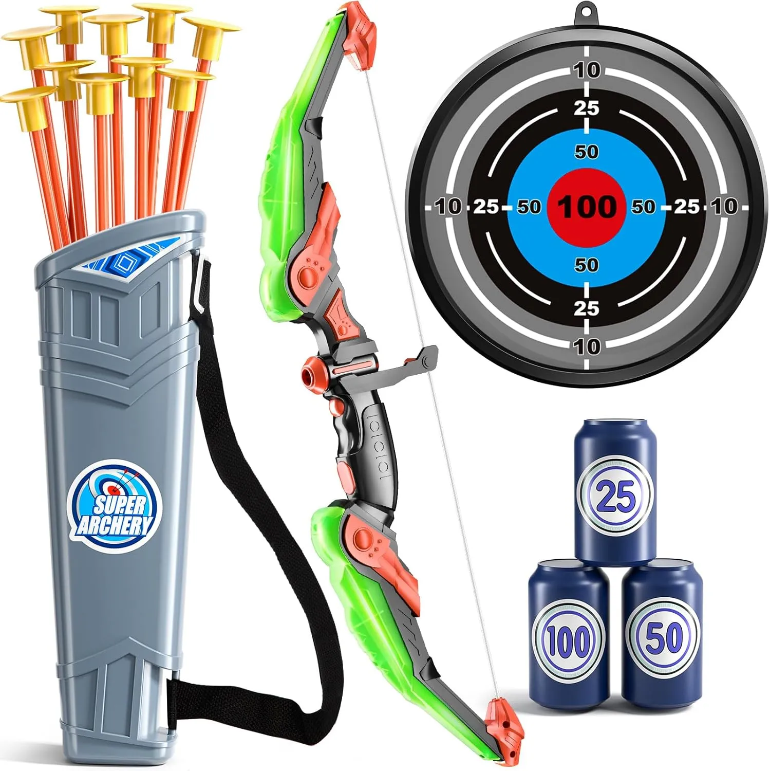 Kids Bow and Arrow Set, LED Light Up Archery Toy Set with 10 Suction Cup Arrows,Target & Arrow Quiver, Bow and Arrows Set Toys Gift for 3 4 5 6 7 8 9 10 11 12 Year Old Kids Boys Girls (Green)