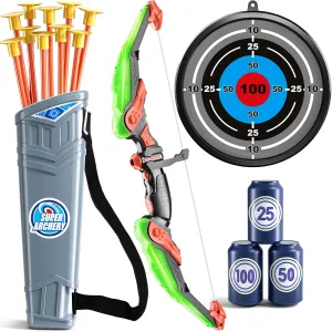 Kids Bow and Arrow Set, LED Light Up Archery Toy Set with 10 Suction Cup Arrows,Target & Arrow Quiver, Bow and Arrows Set Toys Gift for 3 4 5 6 7 8 9 10 11 12 Year Old Kids Boys Girls (Green)