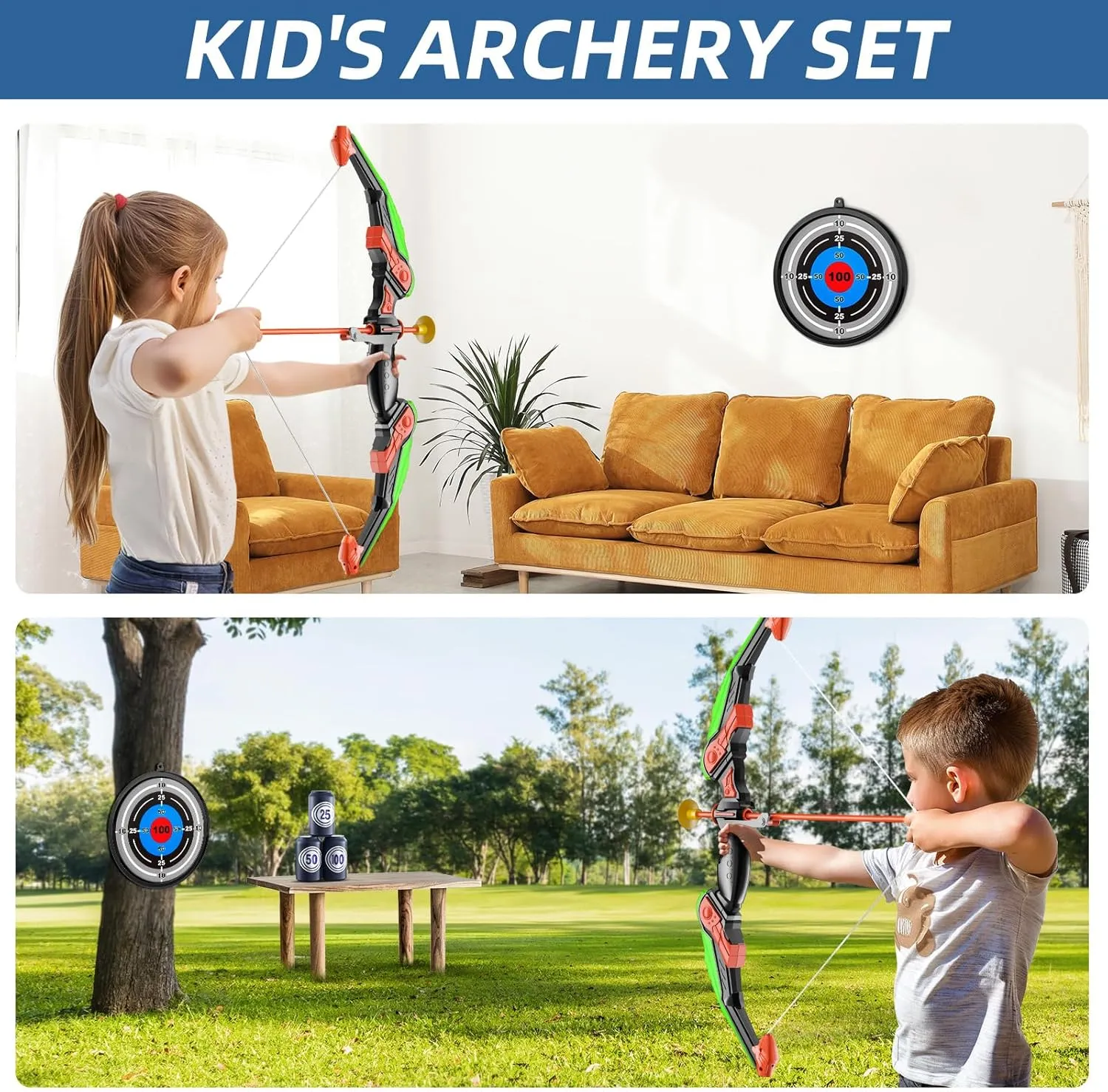 Kids Bow and Arrow Set, LED Light Up Archery Toy Set with 10 Suction Cup Arrows,Target & Arrow Quiver, Bow and Arrows Set Toys Gift for 3 4 5 6 7 8 9 10 11 12 Year Old Kids Boys Girls (Green)
