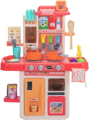 Kids Kitchen Playset 42 PCS Toy Accessories Set, Kitchen Toy Cookware with Lights, Sounds, Sink & Water Spray, Pink
