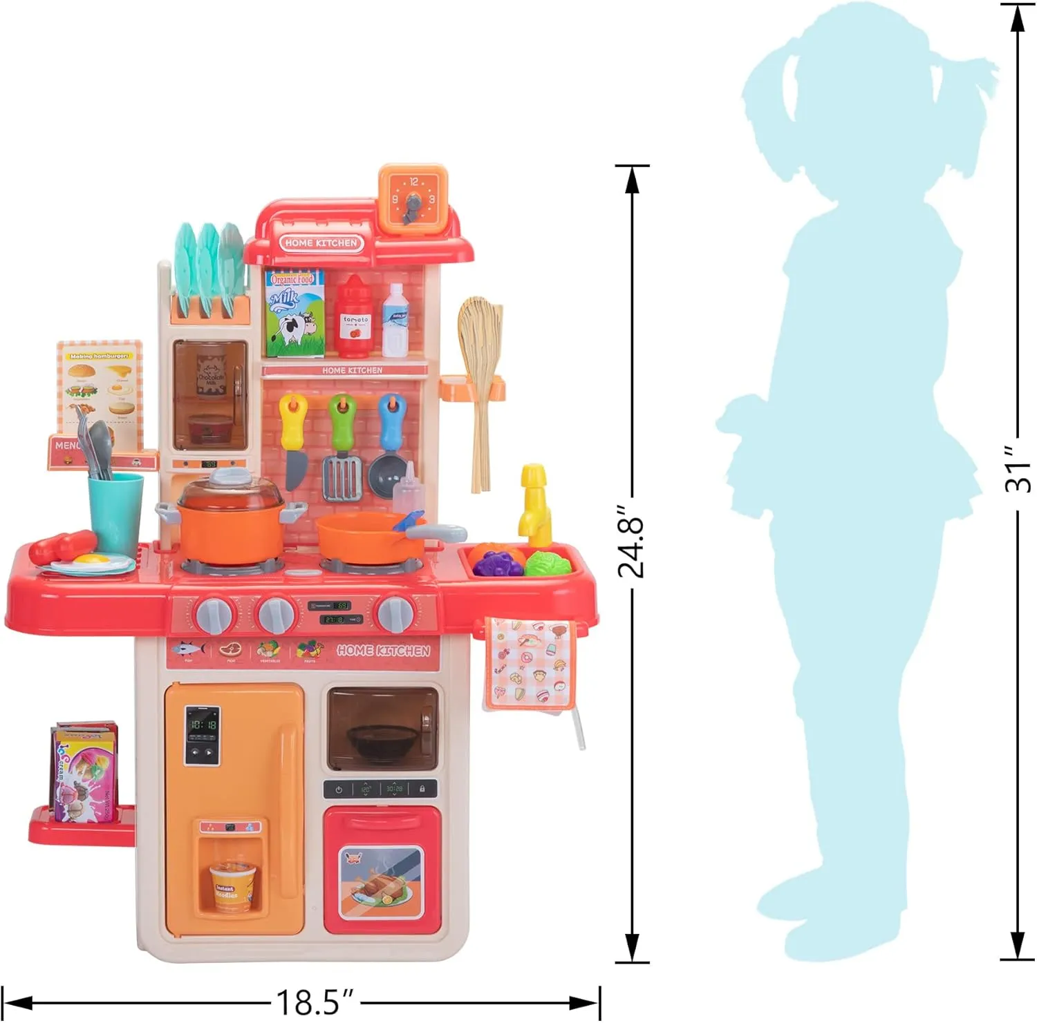 Kids Kitchen Playset 42 PCS Toy Accessories Set, Kitchen Toy Cookware with Lights, Sounds, Sink & Water Spray, Pink