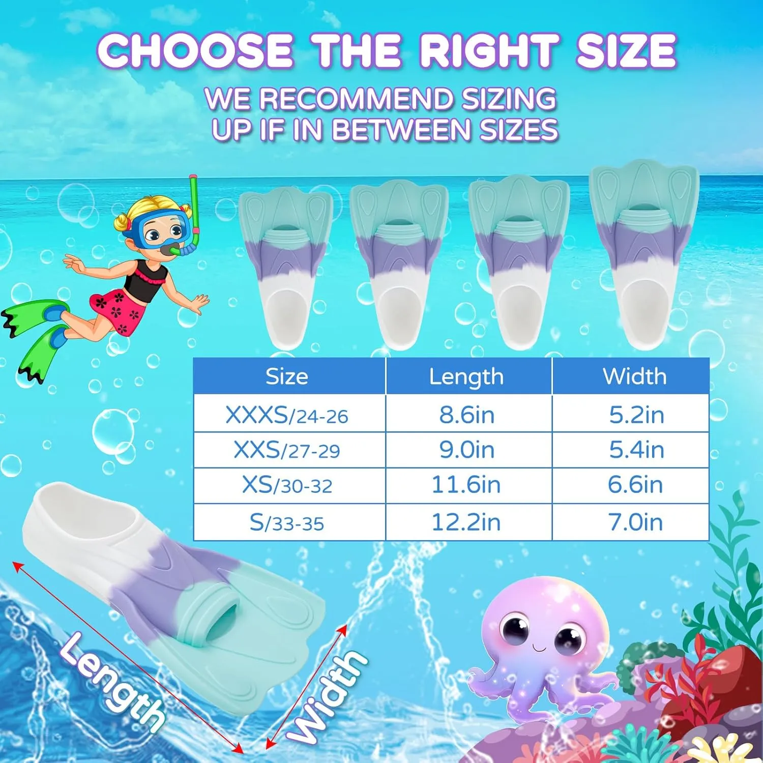 Kids Swim Fins, Swimming Training Fins Short Youth Flippers Lap Swimming Pool Snorkeling for Girls Boys Beginner