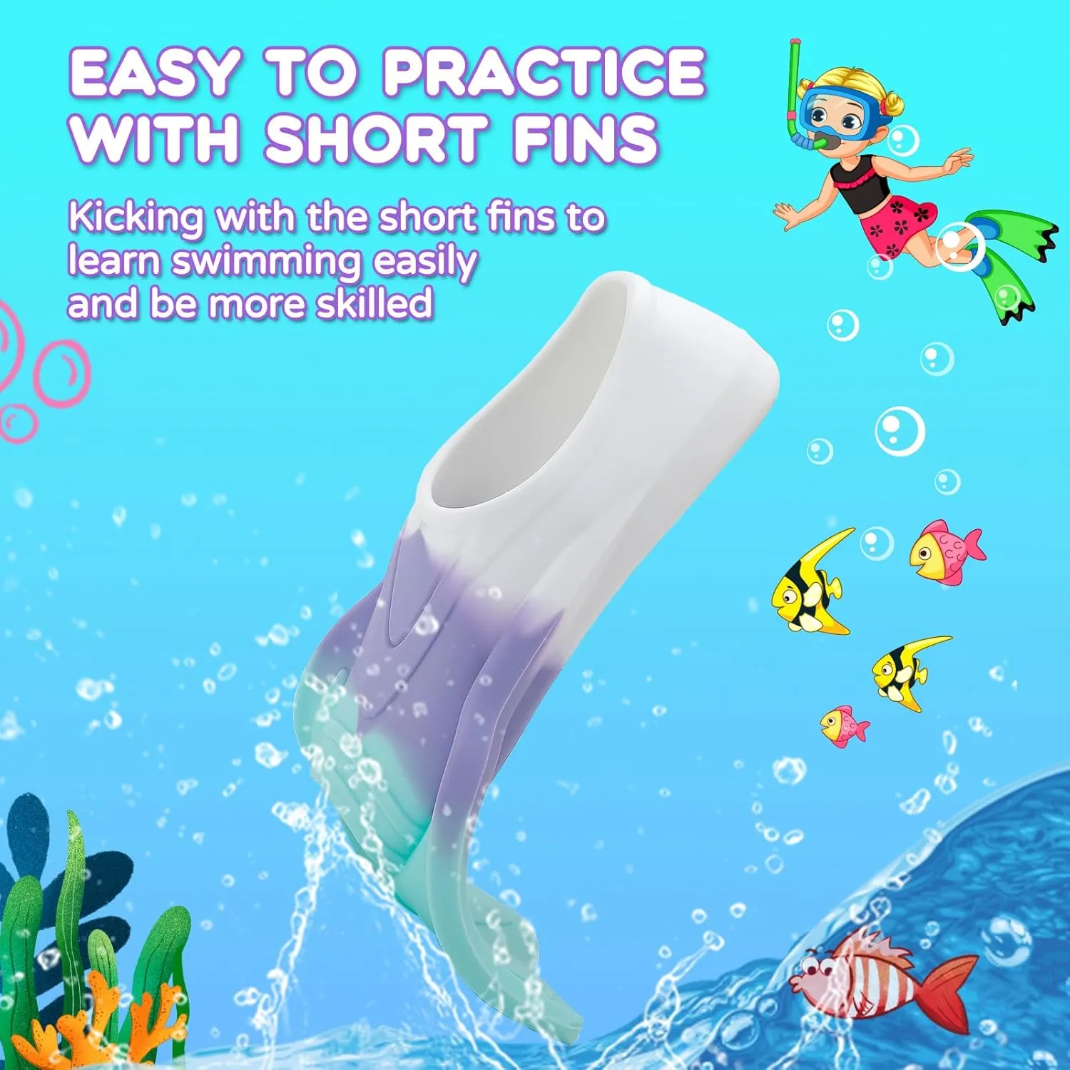 Kids Swim Fins, Swimming Training Fins Short Youth Flippers Lap Swimming Pool Snorkeling for Girls Boys Beginner