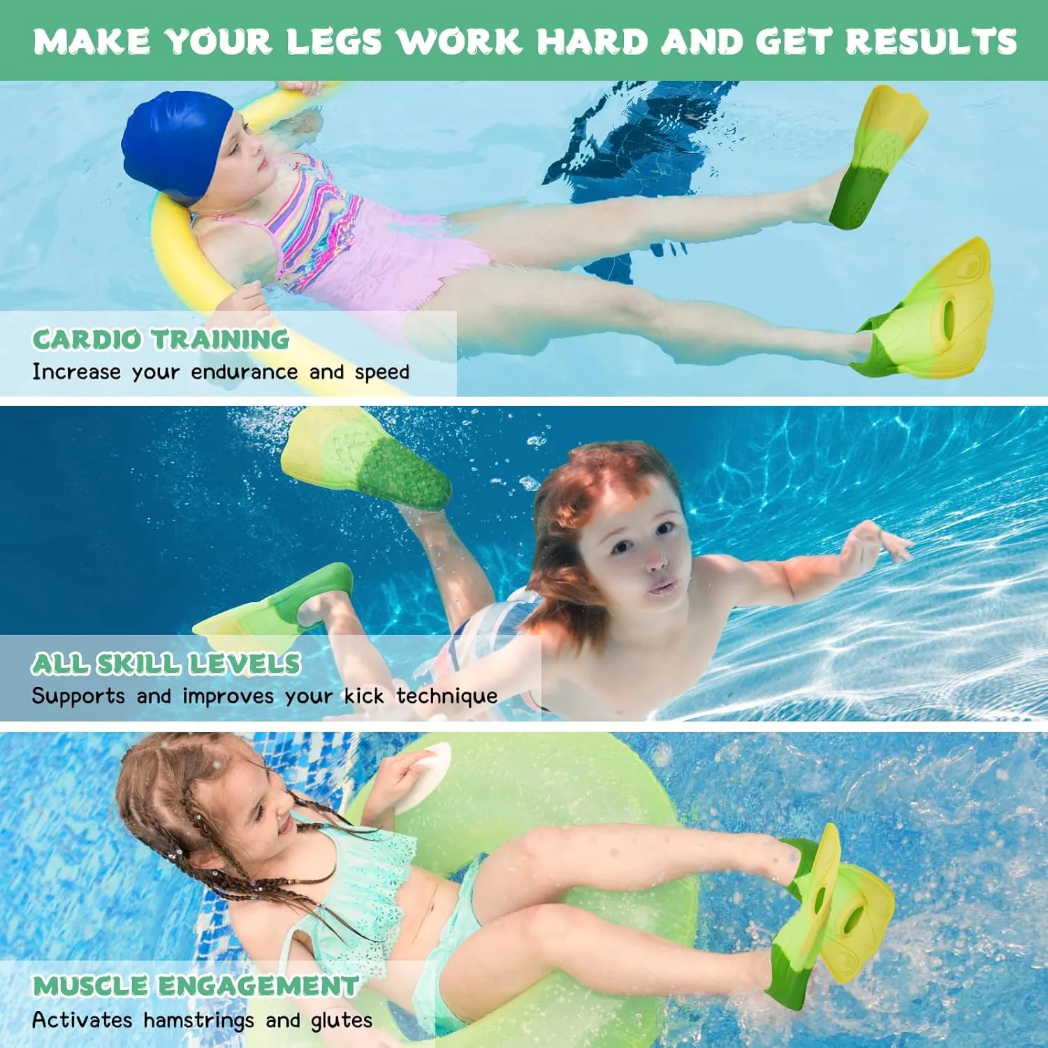 Kids Swim Training Fins, Comfortable Silicone Short Fins for Lap Swimming Flippers, Travel Size Flipper for Kids with Mesh Bag
