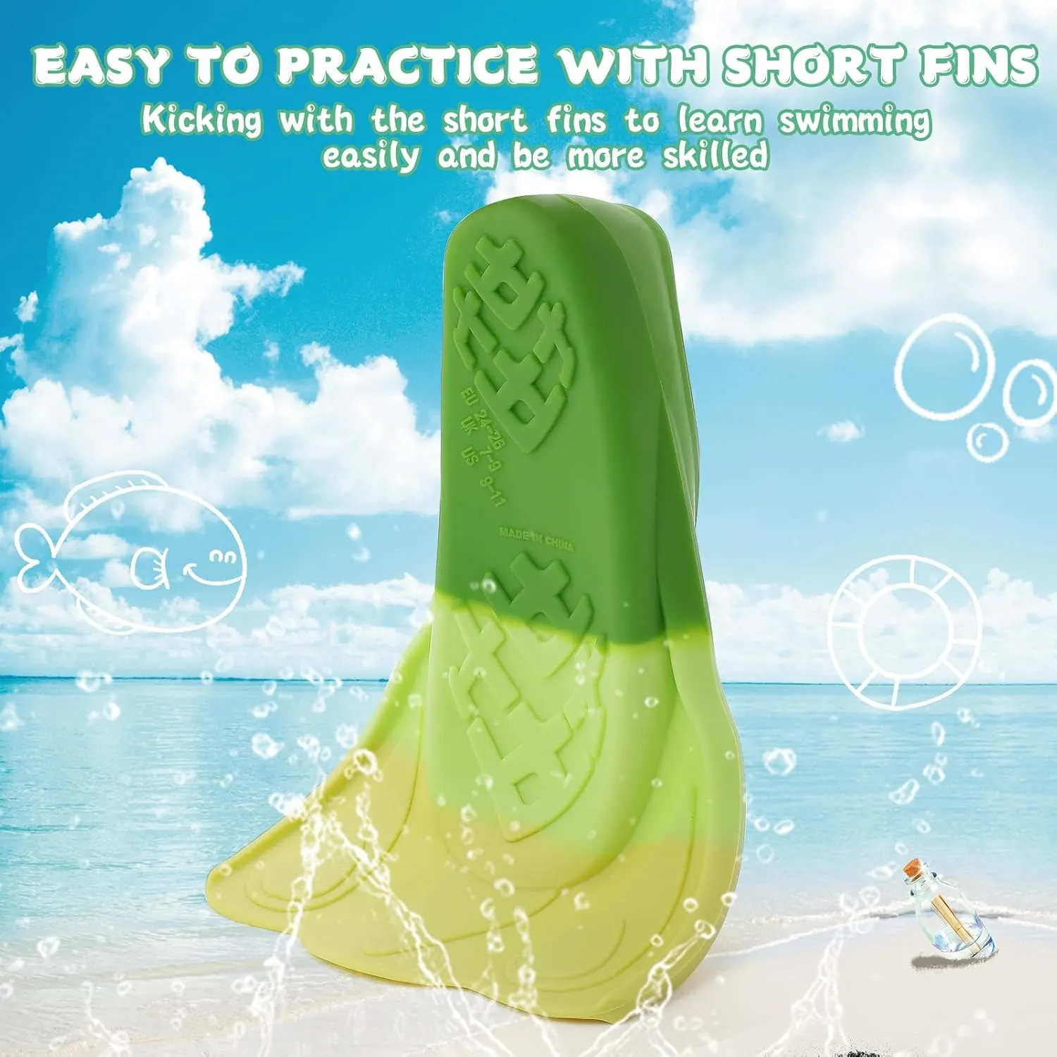 Kids Swim Training Fins, Comfortable Silicone Short Fins for Lap Swimming Flippers, Travel Size Flipper for Kids with Mesh Bag