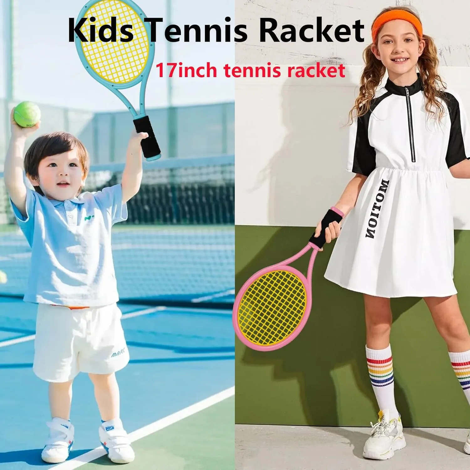 Kids Tennis Racket 17 Inch Lightweight for Junior Toddlers - Includes 2 Tennis Balls, 2 Sponge Balls, 4 Shuttlecocks & Carry Bag