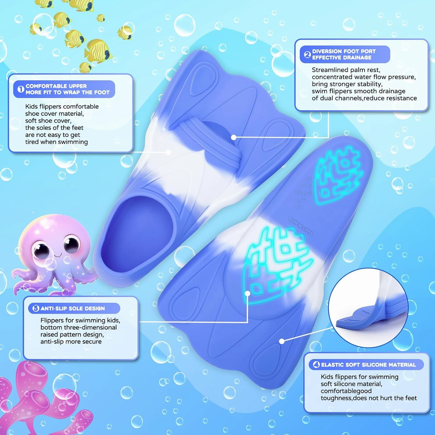 Kids Swim Fins, Swimming Training Fins Short Youth Flippers Lap Swimming Pool Snorkeling for Girls Boys Beginner