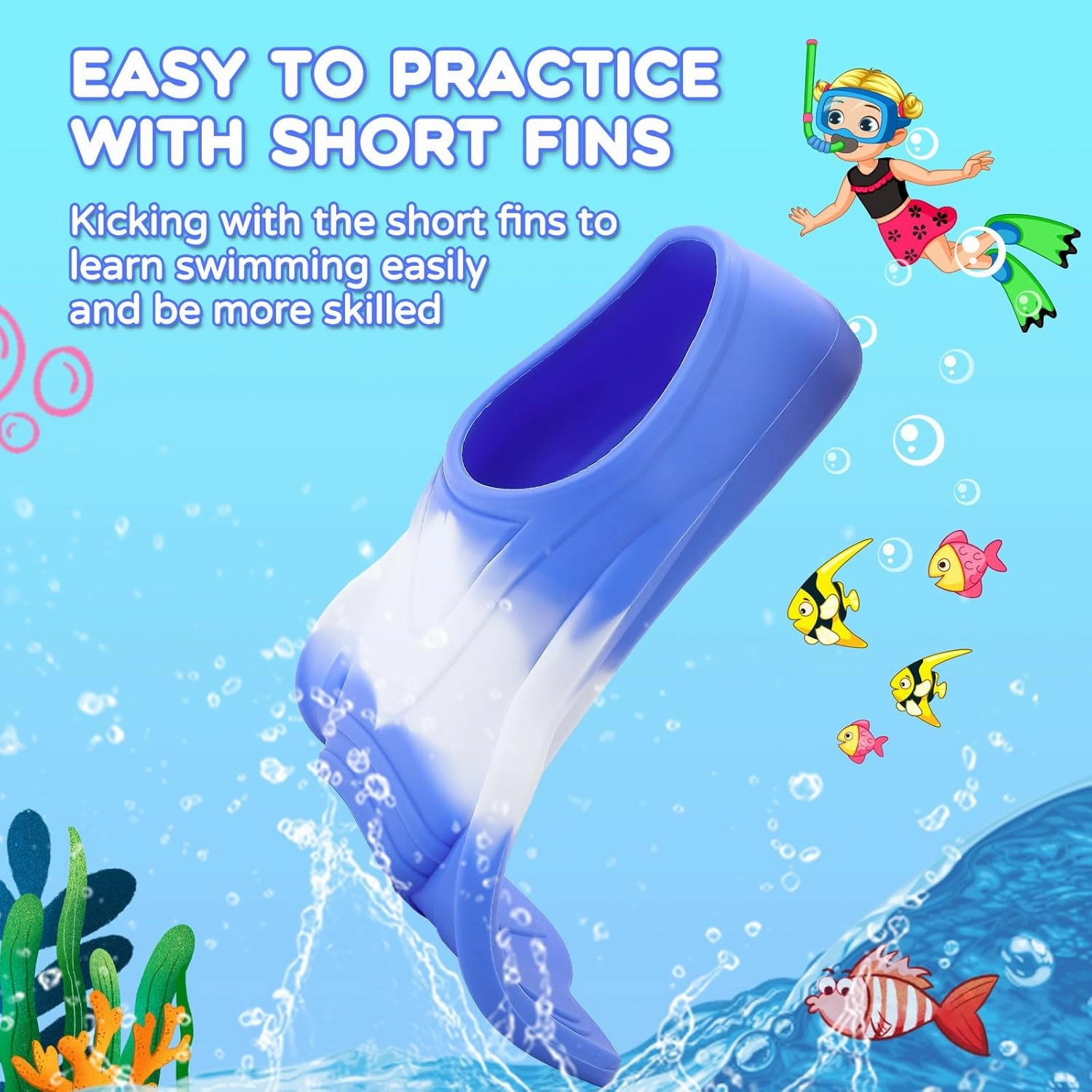 Kids Swim Fins, Swimming Training Fins Short Youth Flippers Lap Swimming Pool Snorkeling for Girls Boys Beginner