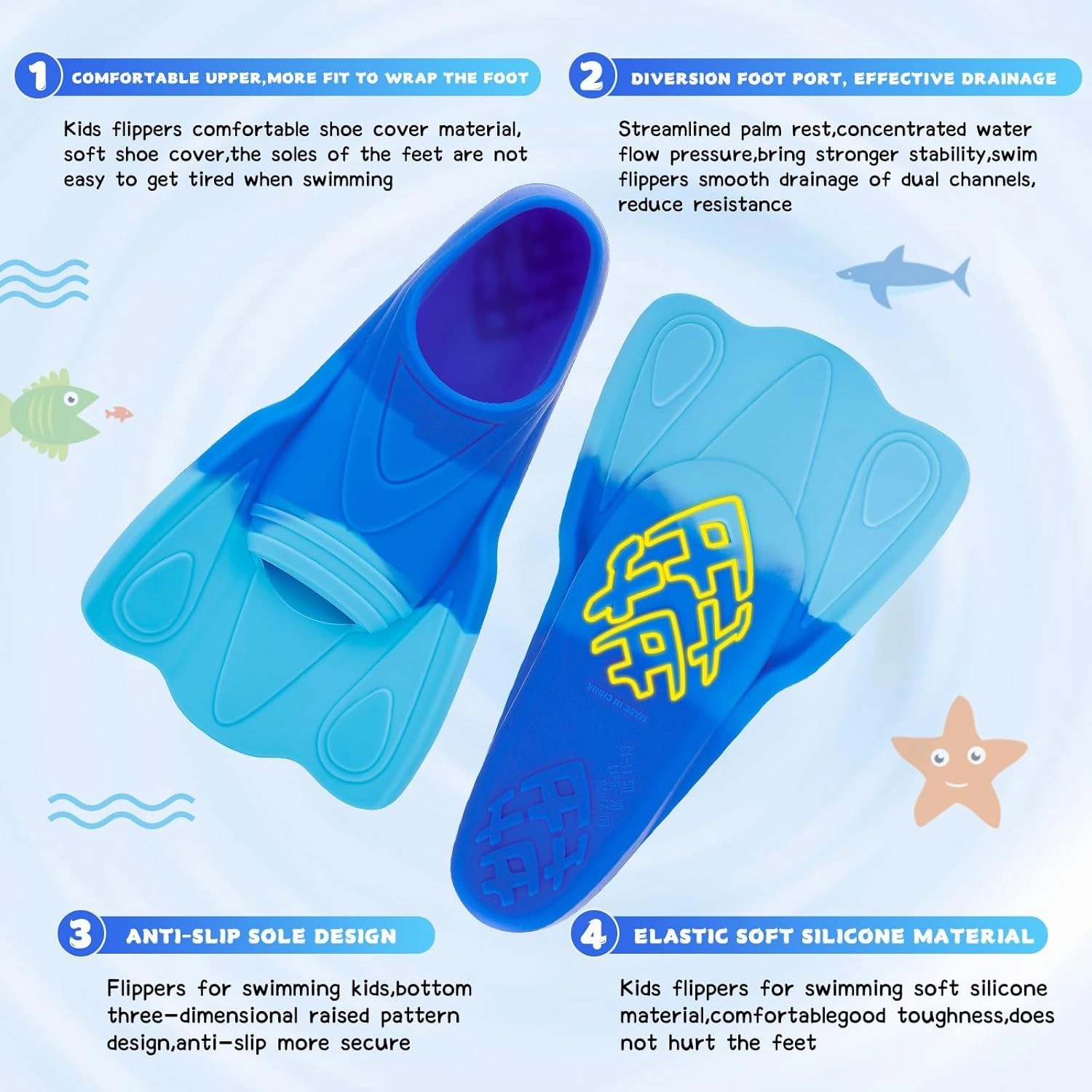 Kids Swim Training Fins, Comfortable Silicone Short Fins for Lap Swimming Flippers, Travel Size Flipper for Kids with Mesh Bag