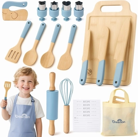 Kids Wooden Safe Knife Set for Real Cooking, 29 PCS Toddler Montessori Cooking & Baking Set Tools with Real Cutting Board, 3 Knifes, Kids Apron, Safe Kid Kitchen Utensils for Age 3-12 Year Old