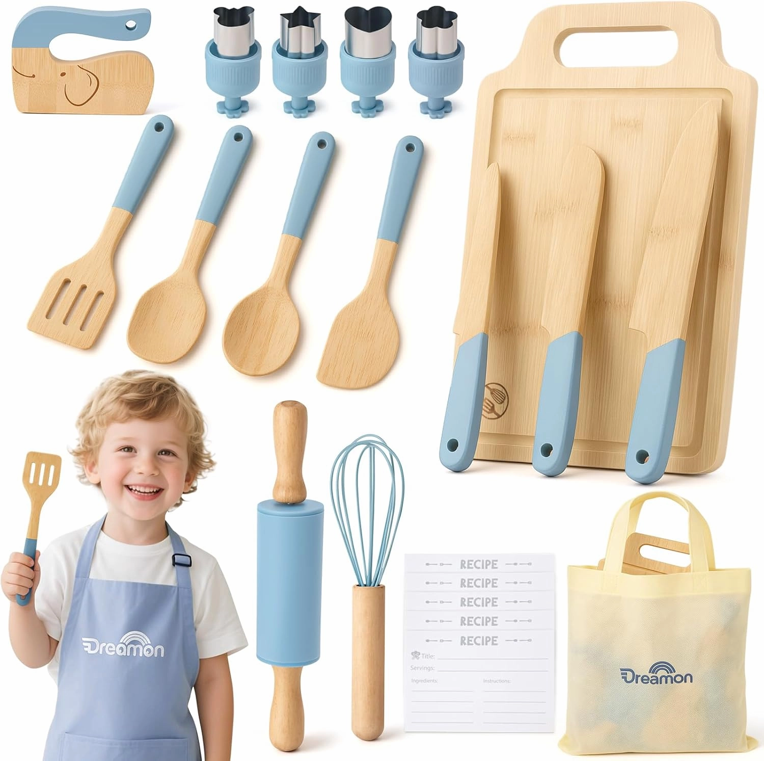 Kids Wooden Safe Knife Set for Real Cooking, 29 PCS Toddler Montessori Cooking & Baking Set Tools with Real Cutting Board, 3 Knifes, Kids Apron, Safe Kid Kitchen Utensils for Age 3-12 Year Old