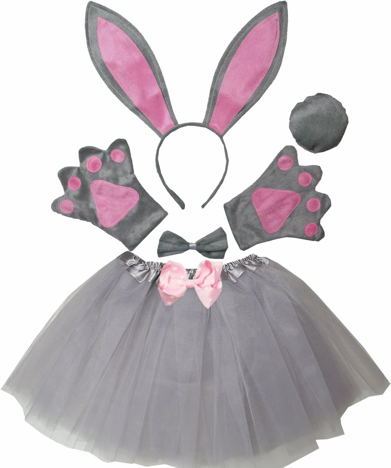 Kirei Sui Kids 6-Piece Bunny Rabbit Costume Set Ears Headband and Tutu Halloween Dress Up Accessories Gray