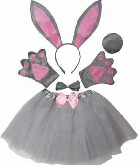Kirei Sui Kids 6-Piece Bunny Rabbit Costume Set Ears Headband and Tutu Halloween Dress Up Accessories Gray