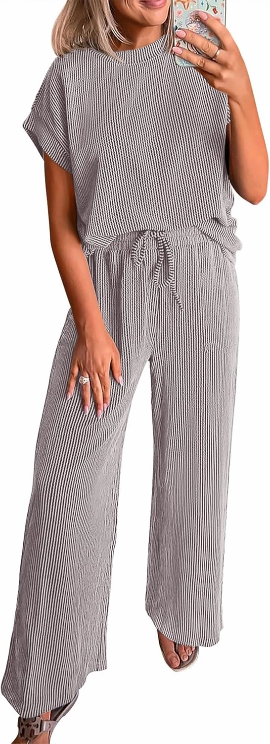 KIRUNDO Summer Sets Women 2 Piece Outfits Casual Ribbed Knit Short Sleeve Tops Wide Leg Pants Lounge Set Travel Tracksuit