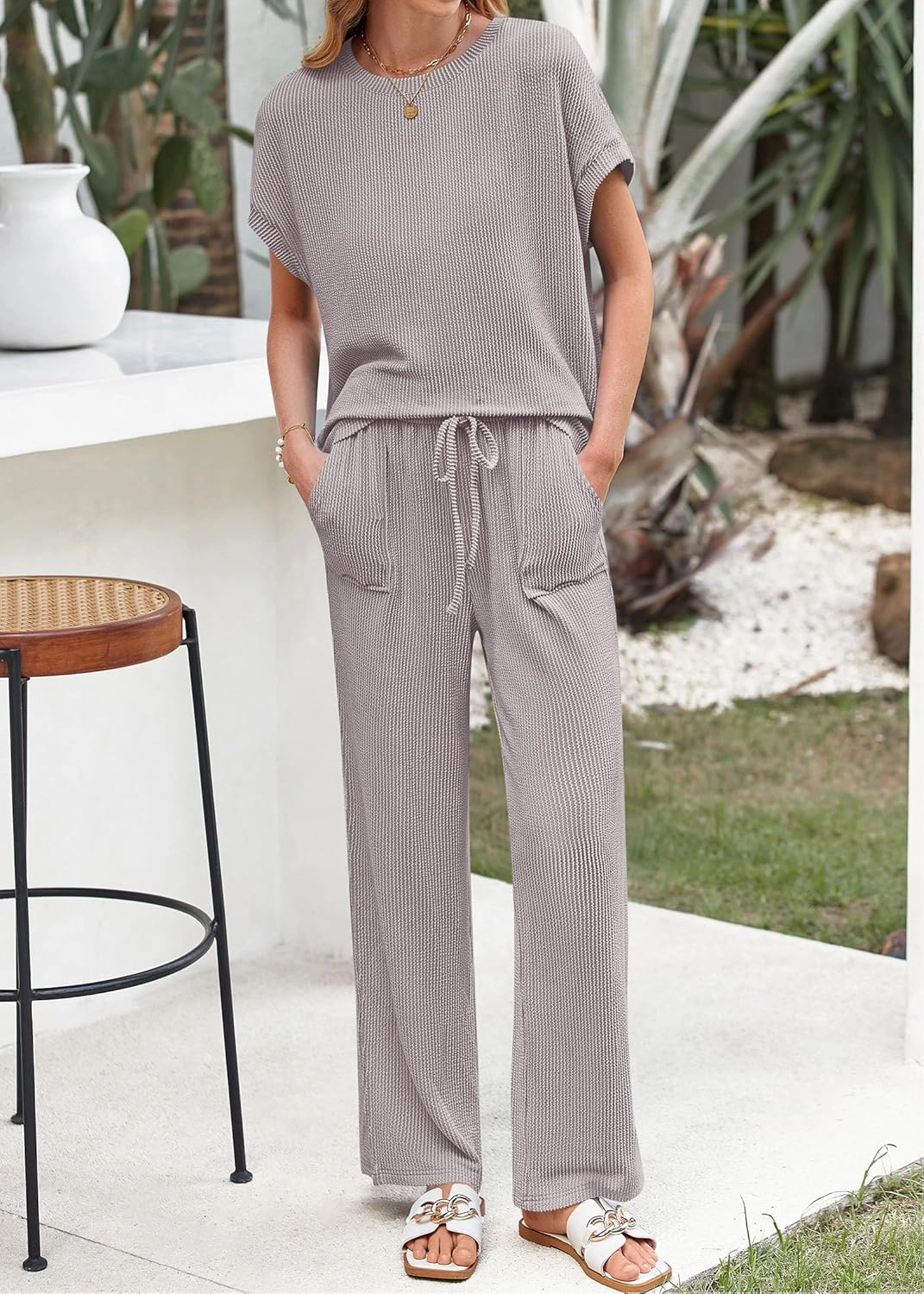 KIRUNDO Summer Sets Women 2 Piece Outfits Casual Ribbed Knit Short Sleeve Tops Wide Leg Pants Lounge Set Travel Tracksuit