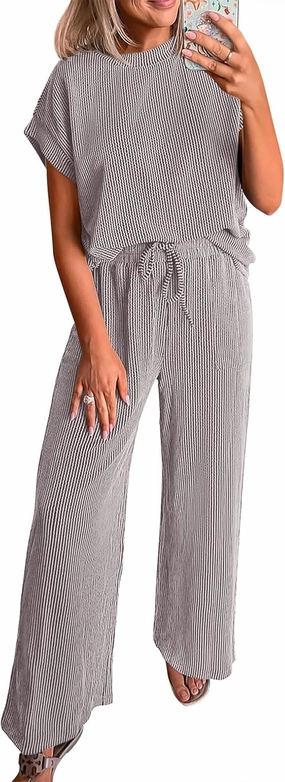 KIRUNDO Summer Sets Women 2 Piece Outfits Casual Ribbed Knit Short Sleeve Tops Wide Leg Pants Lounge Set Travel Tracksuit
