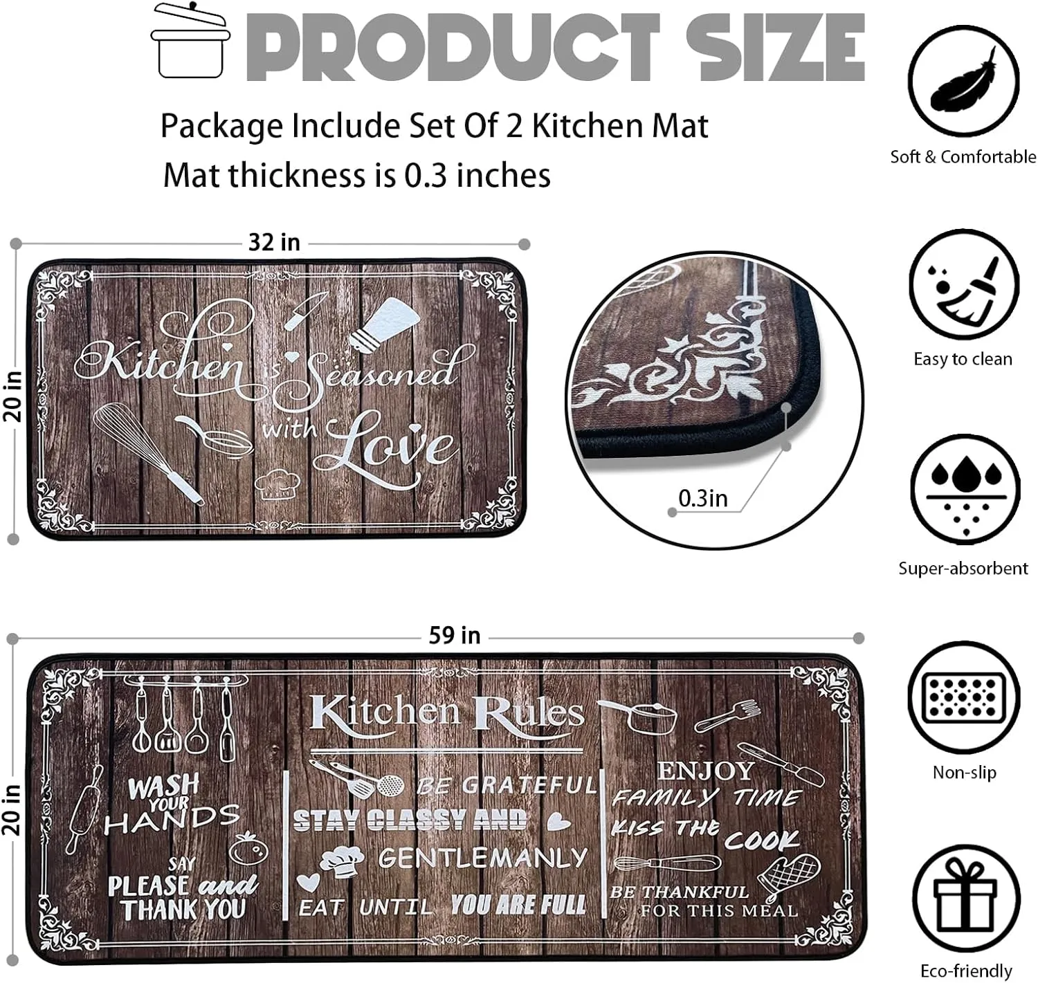 Kitchen Rug Sets of 2 Piece Non Slip Kitchen Rugs and Mats Washable Kitchen Mats for Floor Kitchen Carpet Runner Rugs Decor for Laundry Bathroom Living Room,Brown Kitchen Rules 20"x 59" 20"x 32"
