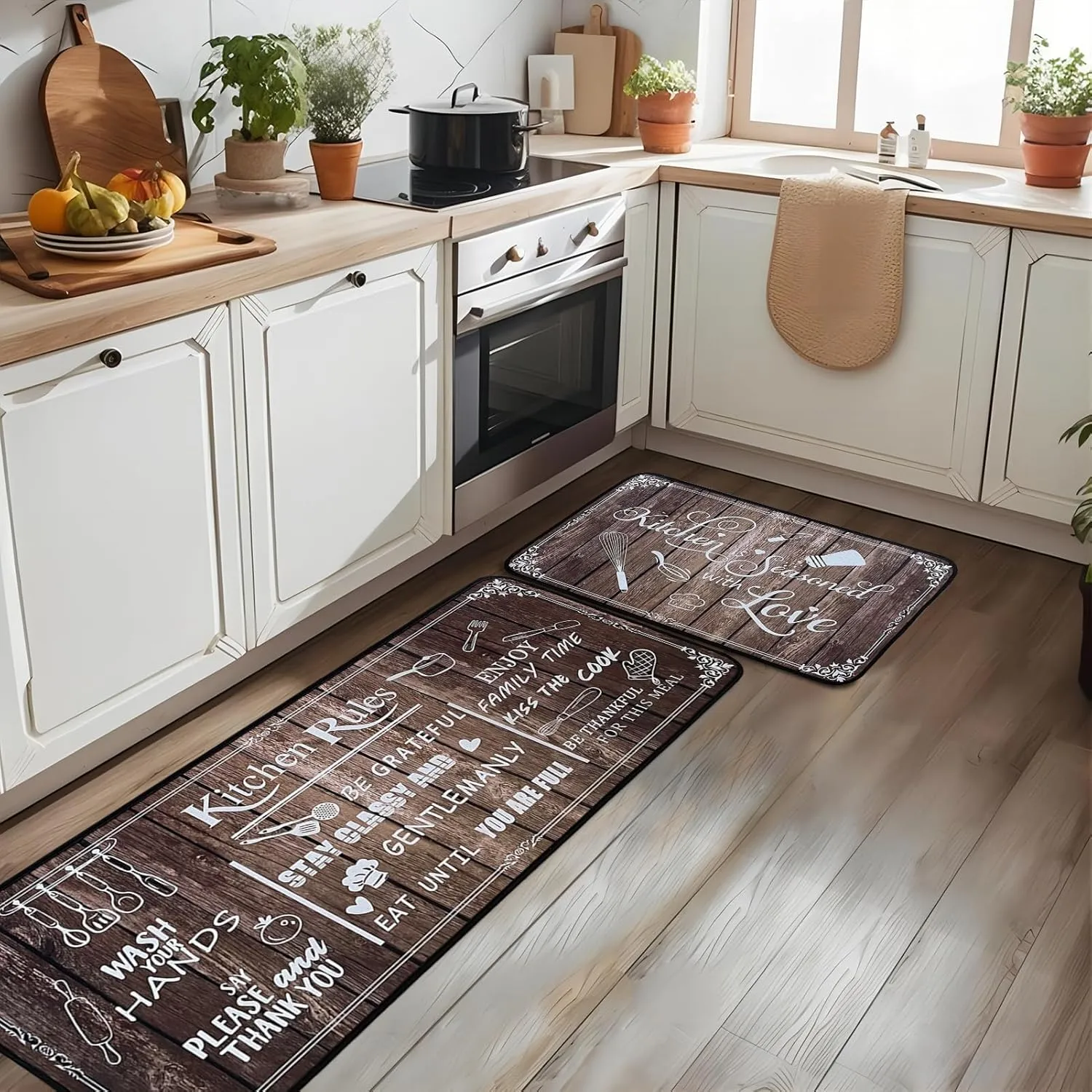 Kitchen Rug Sets of 2 Piece Non Slip Kitchen Rugs and Mats Washable Kitchen Mats for Floor Kitchen Carpet Runner Rugs Decor for Laundry Bathroom Living Room,Brown Kitchen Rules 20"x 59" 20"x 32"