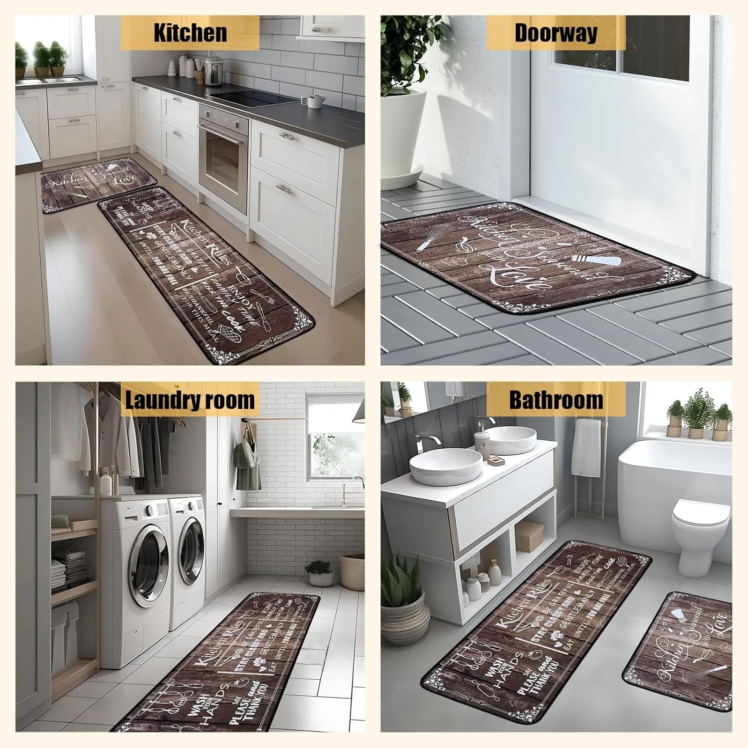 Kitchen Rug Sets of 2 Piece Non Slip Kitchen Rugs and Mats Washable Kitchen Mats for Floor Kitchen Carpet Runner Rugs Decor for Laundry Bathroom Living Room,Brown Kitchen Rules 20"x 59" 20"x 32"