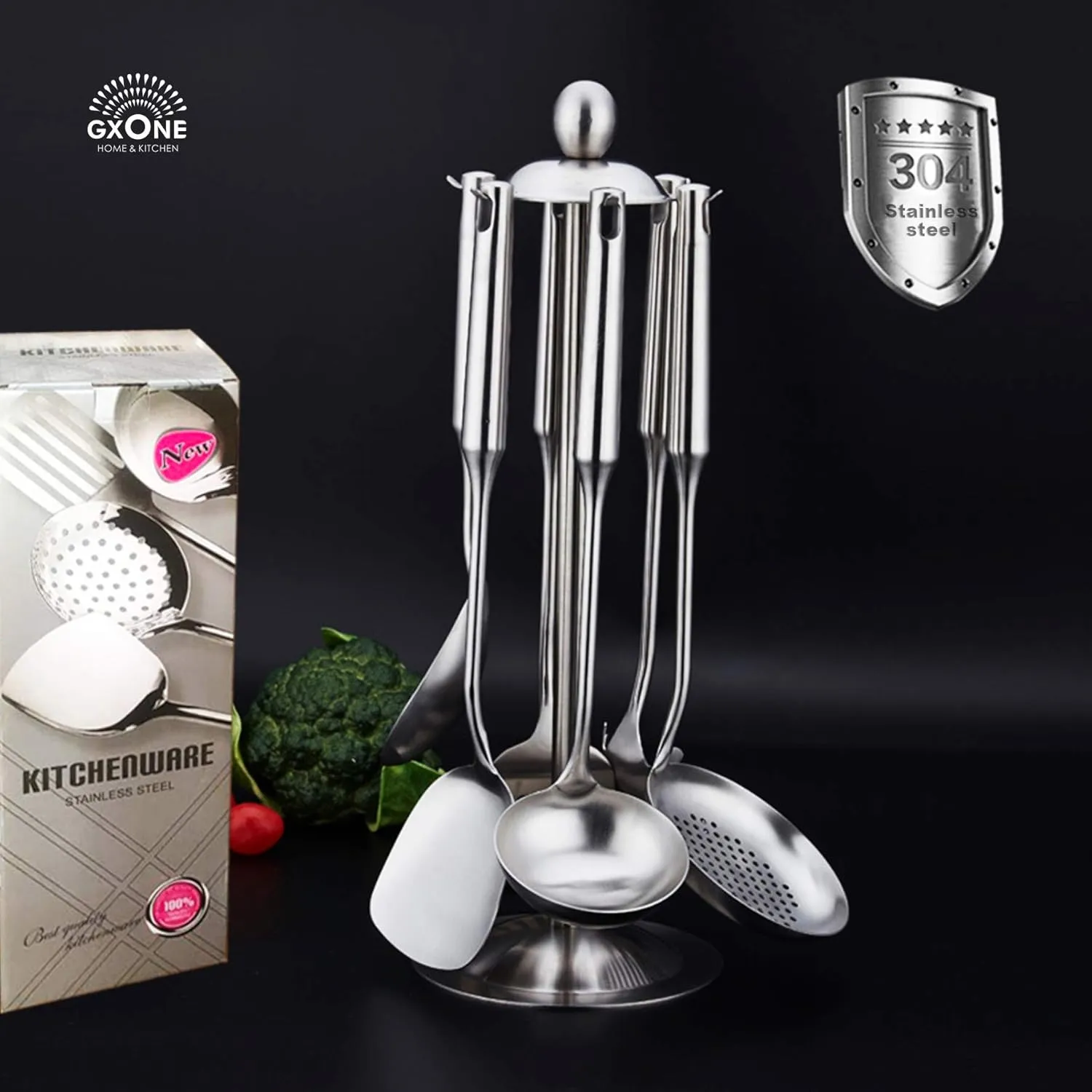 Kitchen Utensil Set – 6 Piece Stainless Steel Cooking Utensils with Rotating Holder Organizer Includes Slotted Spoon, Slotted Spatula, Large Spoon, Soup Ladle, Spatula, Pasta Server Silver/7PCS
