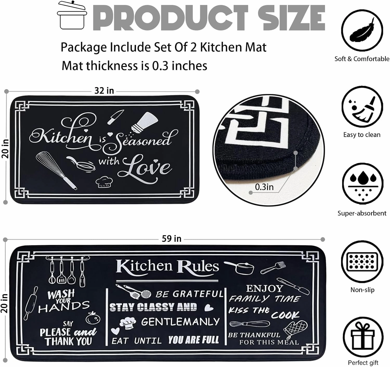 Kitchen Rug Sets of 2 Piece Non Slip Kitchen Rugs and Mats Washable Kitchen Mats for Floor Kitchen Carpet Runner Rugs Decor for Laundry Bathroom Living Room,Black Kitchen Rules 20"x 59" 20"x 32"