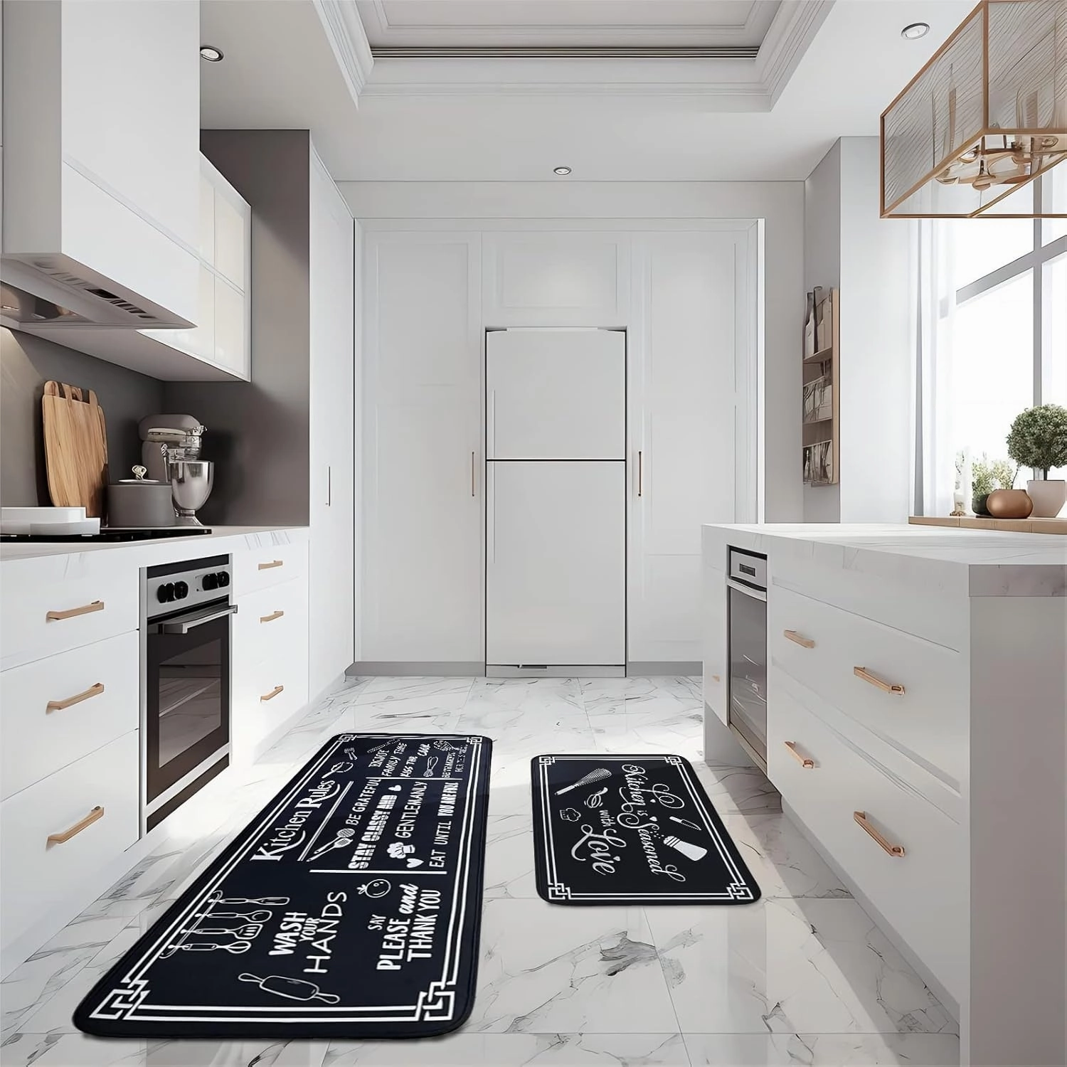 Kitchen Rug Sets of 2 Piece Non Slip Kitchen Rugs and Mats Washable Kitchen Mats for Floor Kitchen Carpet Runner Rugs Decor for Laundry Bathroom Living Room,Black Kitchen Rules 20"x 59" 20"x 32"