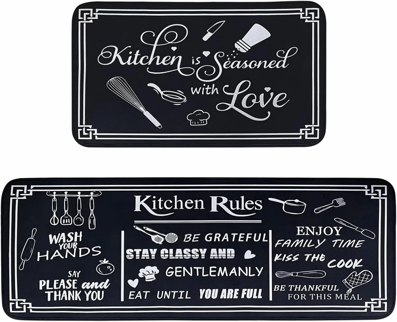 Kitchen Rug Sets of 2 Piece Non Slip Kitchen Rugs and Mats Washable Kitchen Mats for Floor Kitchen Carpet Runner Rugs Decor for Laundry Bathroom Living Room,Black Kitchen Rules 20"x 59" 20"x 32"