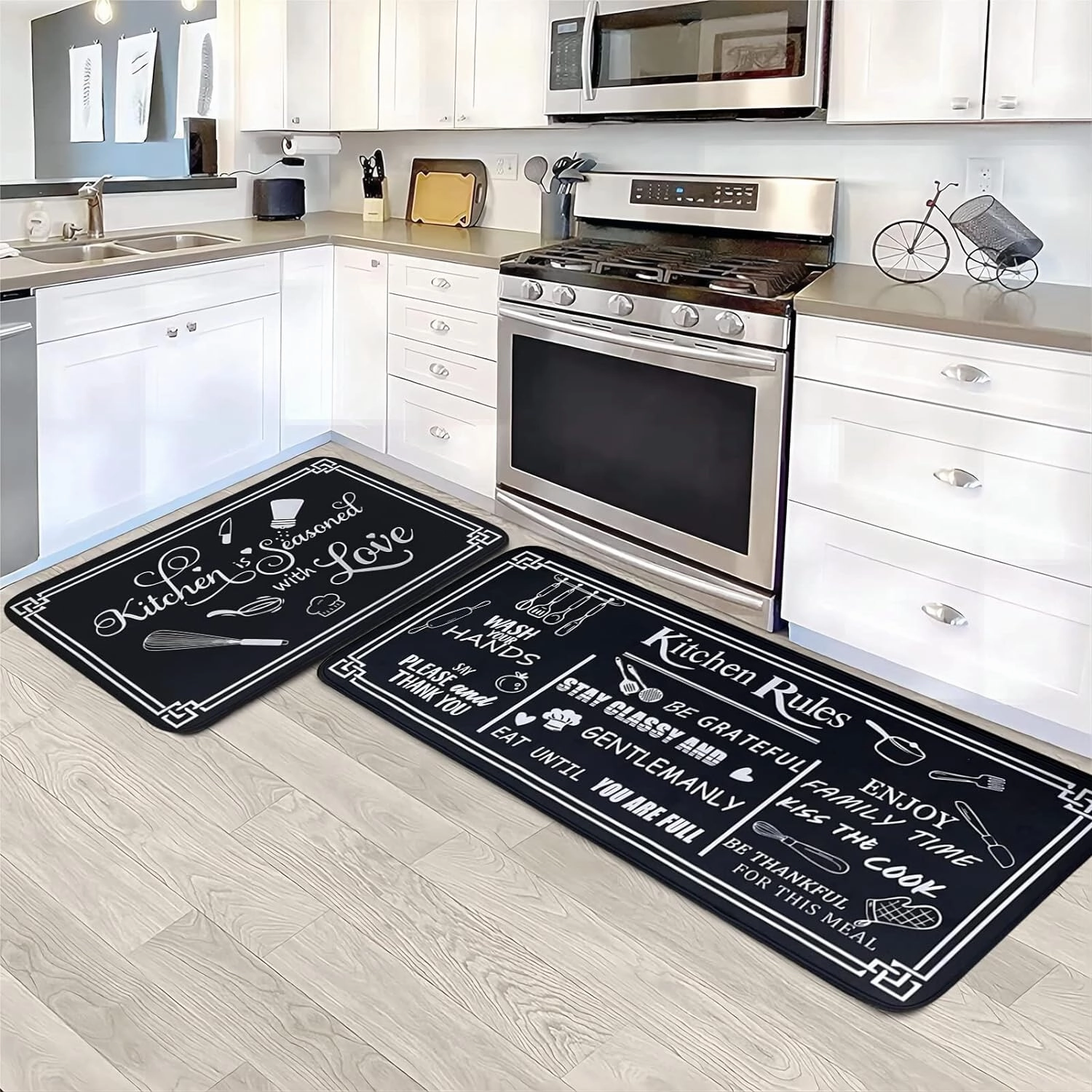 Kitchen Rug Sets of 2 Piece Non Slip Kitchen Rugs and Mats Washable Kitchen Mats for Floor Kitchen Carpet Runner Rugs Decor for Laundry Bathroom Living Room,Black Kitchen Rules 20"x 59" 20"x 32"