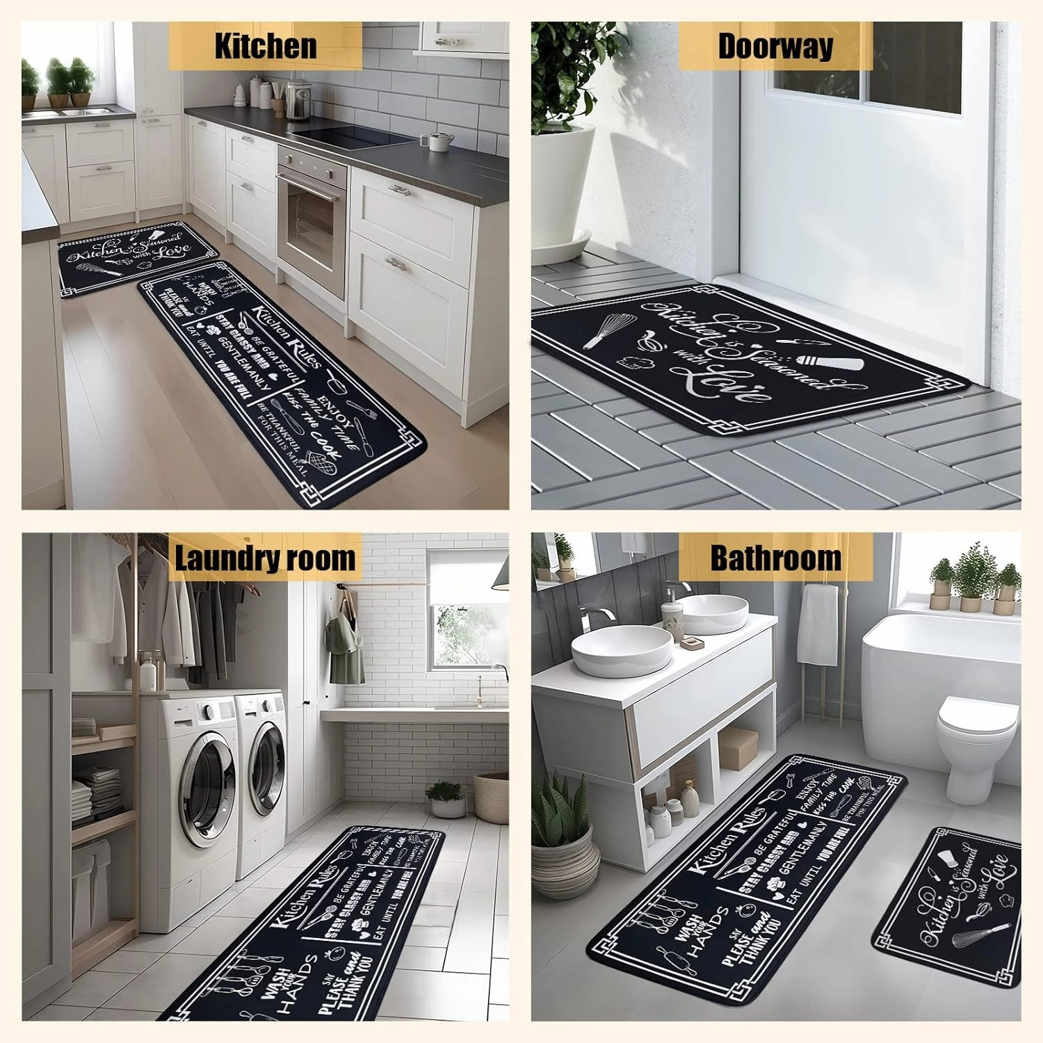 Kitchen Rug Sets of 2 Piece Non Slip Kitchen Rugs and Mats Washable Kitchen Mats for Floor Kitchen Carpet Runner Rugs Decor for Laundry Bathroom Living Room,Black Kitchen Rules 20"x 59" 20"x 32"