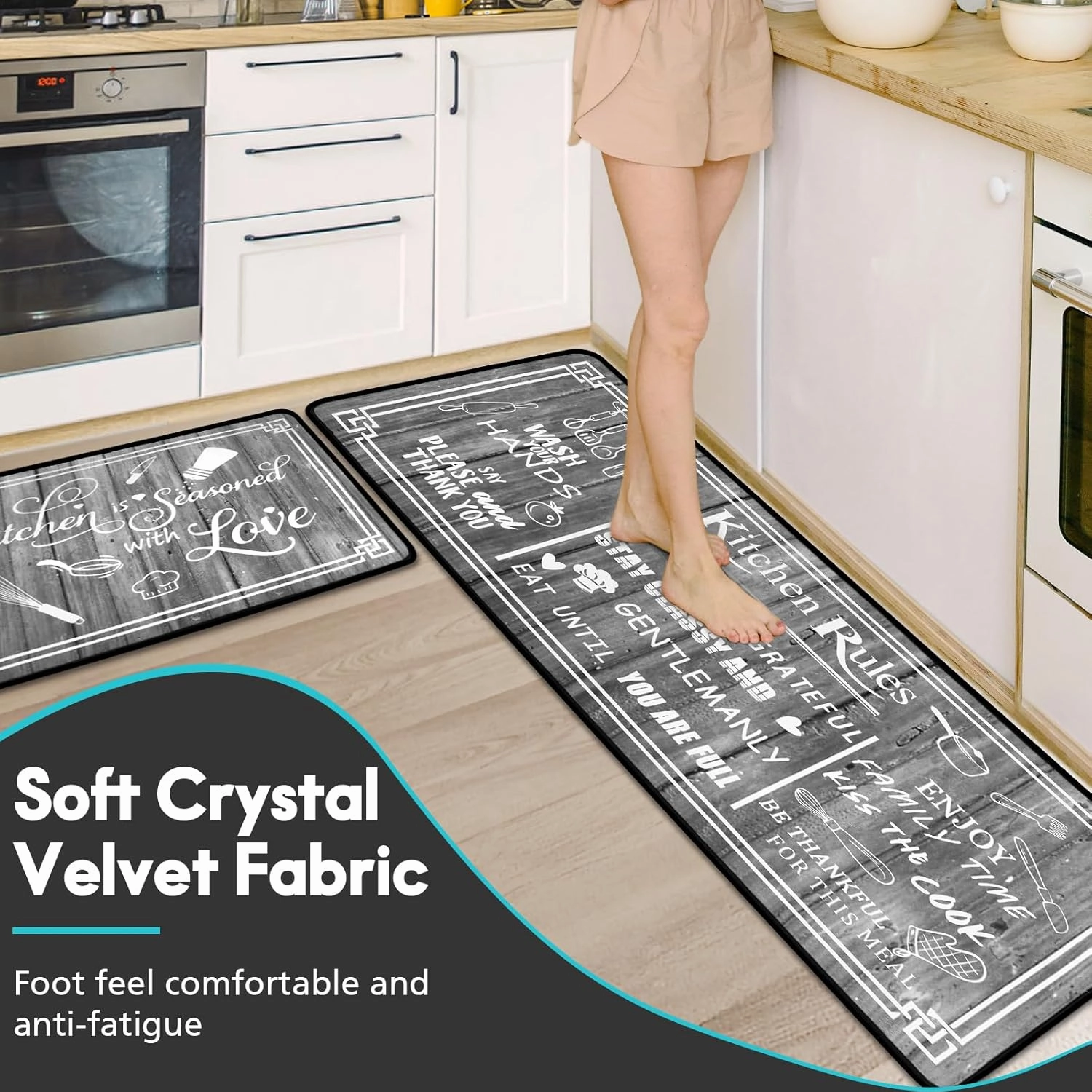 Kitchen Rug Sets of 2 Piece Non Slip Kitchen Rugs and Mats Washable Kitchen Mats for Floor Kitchen Carpet Runner Rugs Decor for Laundry Bathroom Living Room,Grey Kitchen Rules 20"x 59" 20"x 32"