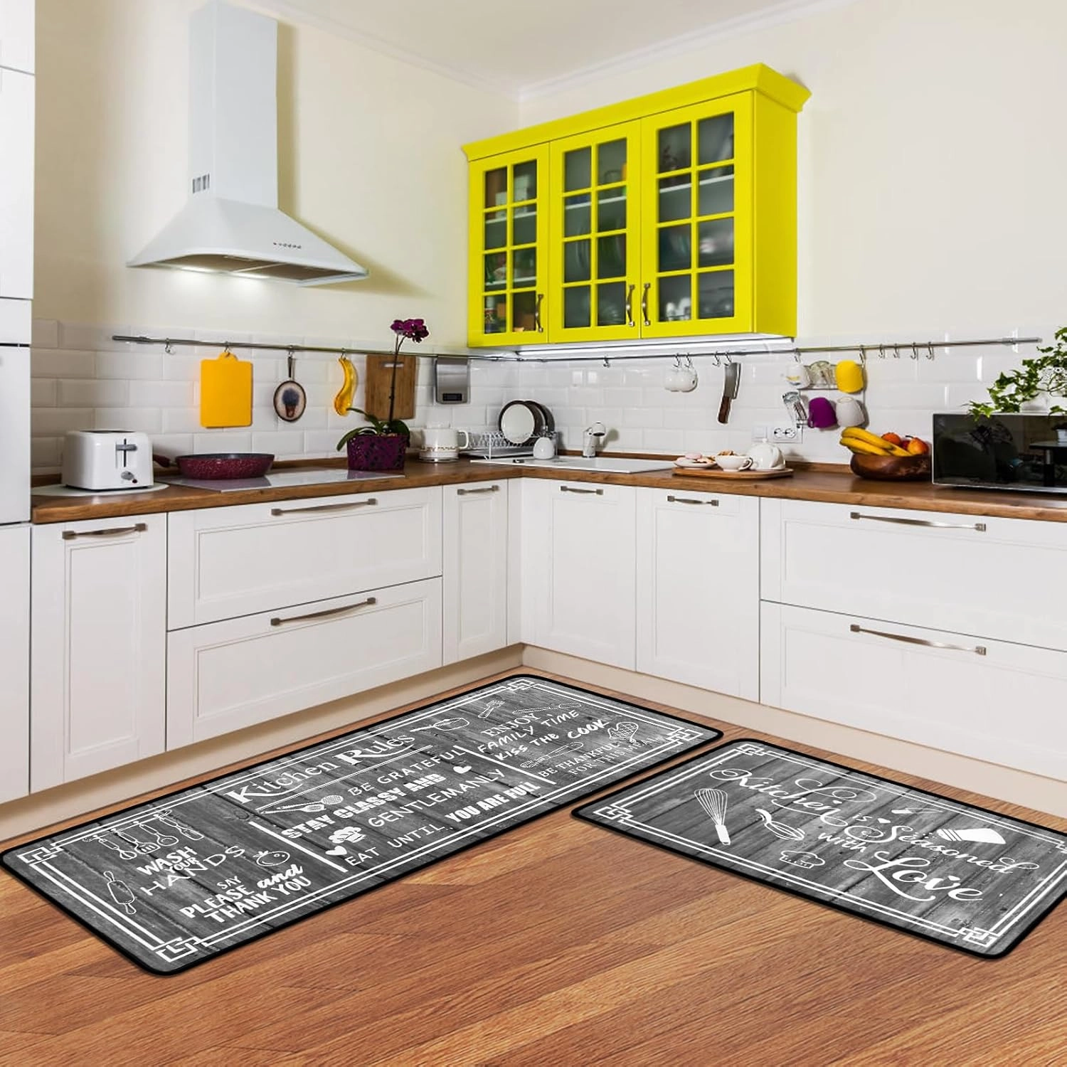 Kitchen Rug Sets of 2 Piece Non Slip Kitchen Rugs and Mats Washable Kitchen Mats for Floor Kitchen Carpet Runner Rugs Decor for Laundry Bathroom Living Room,Grey Kitchen Rules 20"x 59" 20"x 32"