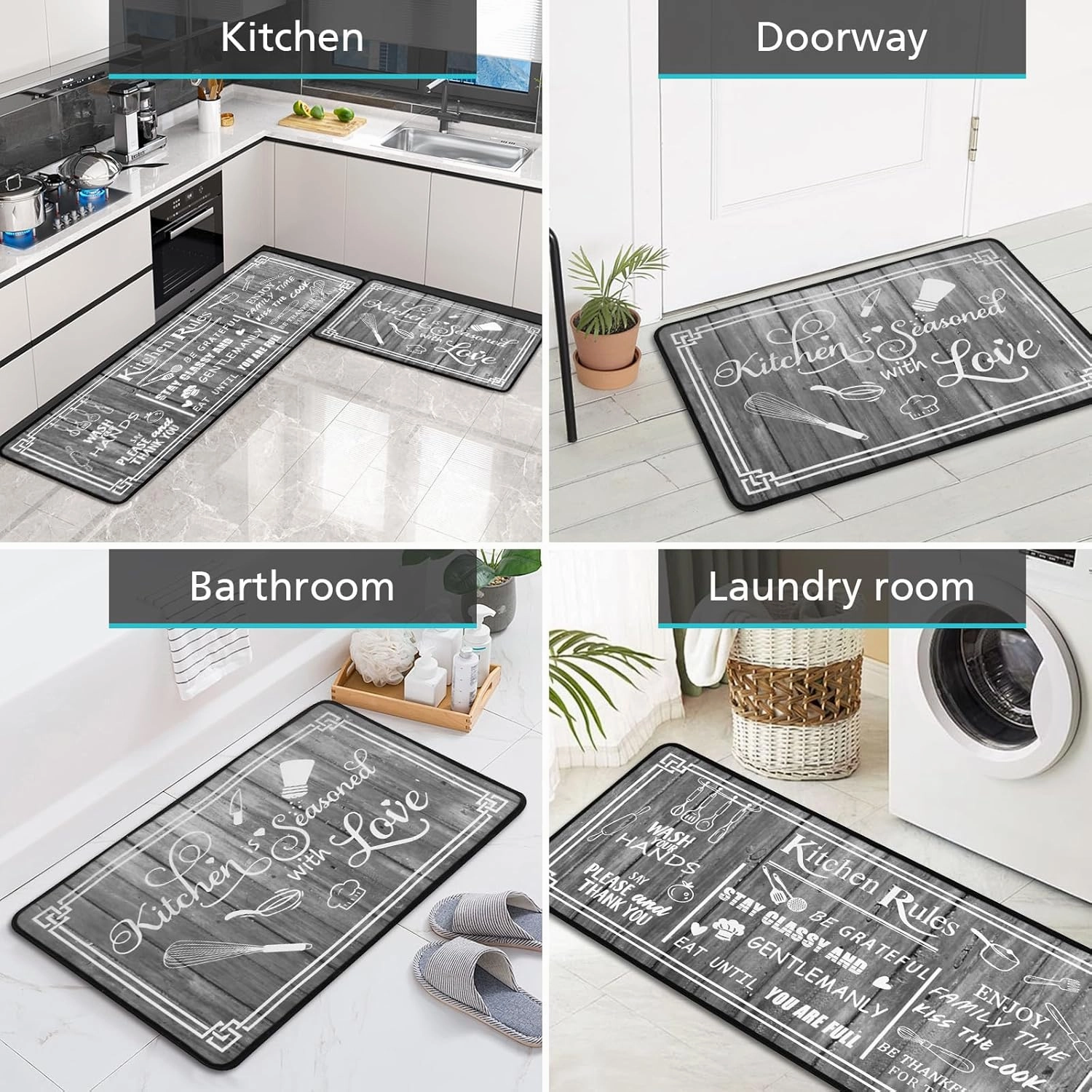 Kitchen Rug Sets of 2 Piece Non Slip Kitchen Rugs and Mats Washable Kitchen Mats for Floor Kitchen Carpet Runner Rugs Decor for Laundry Bathroom Living Room,Grey Kitchen Rules 20"x 59" 20"x 32"