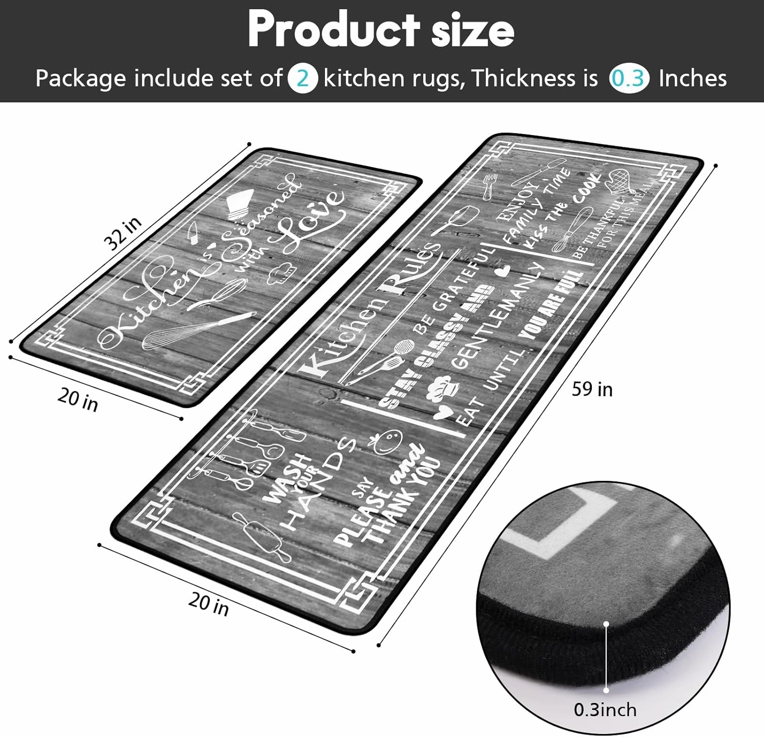 Kitchen Rug Sets of 2 Piece Non Slip Kitchen Rugs and Mats Washable Kitchen Mats for Floor Kitchen Carpet Runner Rugs Decor for Laundry Bathroom Living Room,Grey Kitchen Rules 20"x 59" 20"x 32"