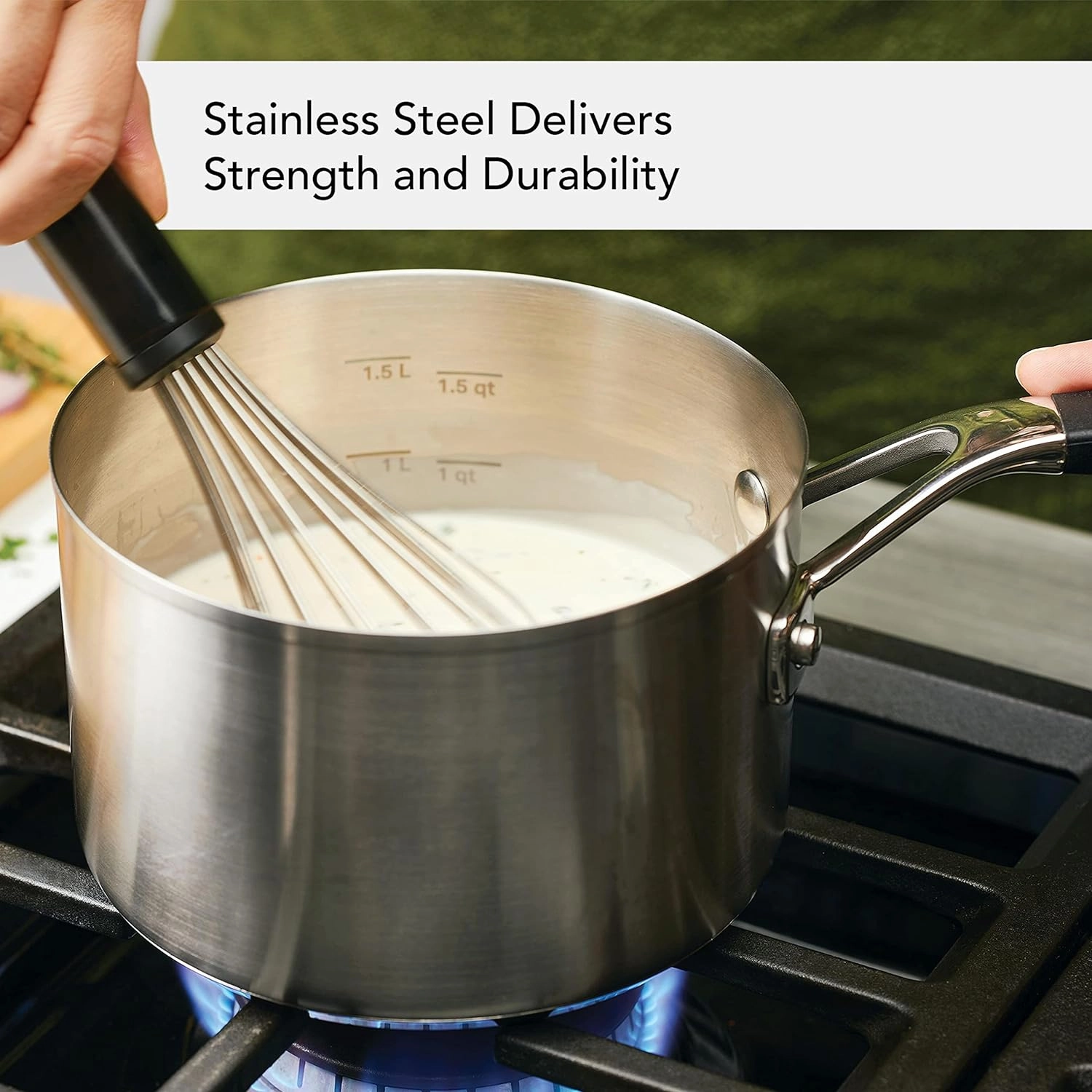 KitchenAid Stainless Steel Saucepan with Measuring Marks and Lid, 2 Quart, Brushed Stainless Steel