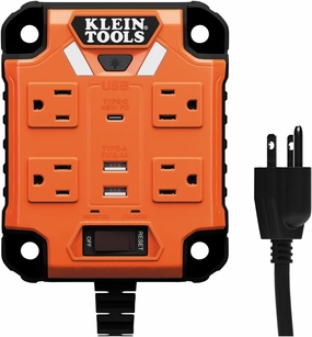 Klein Tools 29601 Magnetic Power Strip with Surge Protector, Extension Cord, 4 Outlets, 3 USB Ports, 5-Foot Cord, Power Supply Box with Light, PowerBox 1, Heavy Duty