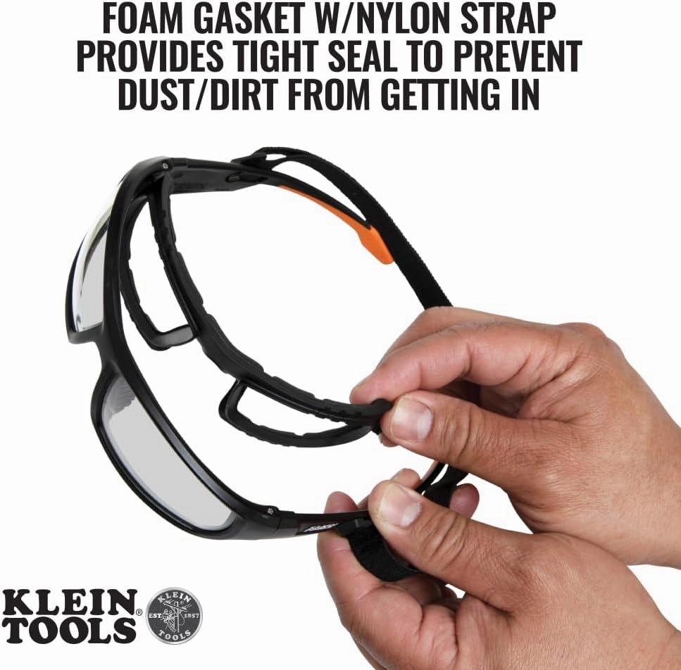 Klein Tools 60470 Safety Glasses, ANSI Z87.1  Pro Full Frame Gasket Safety Glasses, Clear Lenses, UV Protection, Anti-Fog, Scratch Resistant