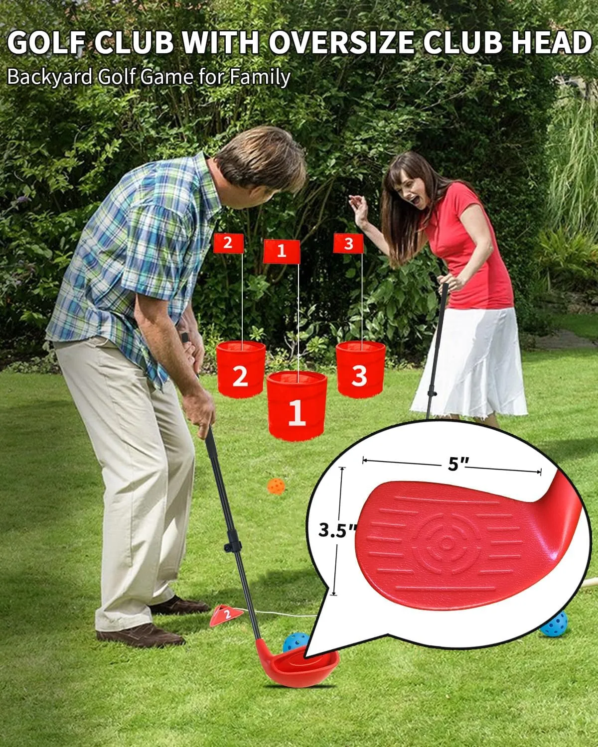KOFULL Golf Clubs with Extendable Shaft – Backyard Outdoor Golf Club with Oversize Club Head for Golf Game with Buckets – Length Adjustable for Family – 2 Packs Right-Handed Training 21"-35", Red